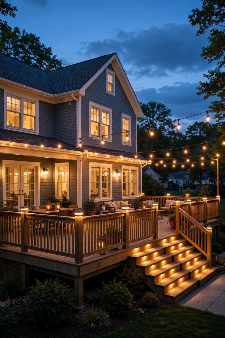 Wraparound deck at dusk glowing on every side of a suburban house with warm stair lights, post cap lights and string lights