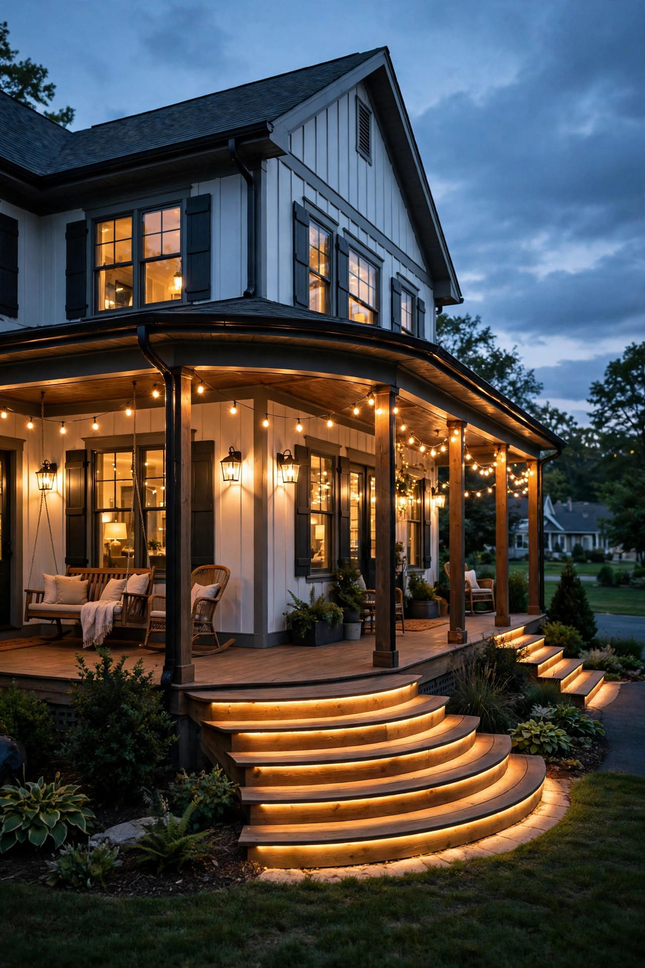 Wraparound porch lighting ideas with warm sconces, string lights and glowing steps wrapping around a farmhouse at dusk
