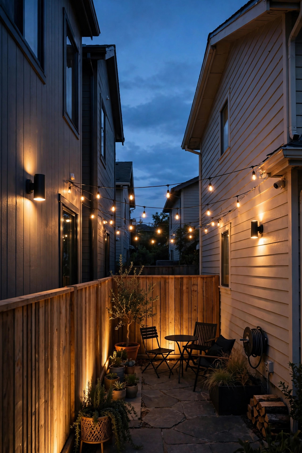 Cozy zero lot line backyard at dusk with warm shielded lighting, glowing fence wash and string lights between two close-set suburban homes