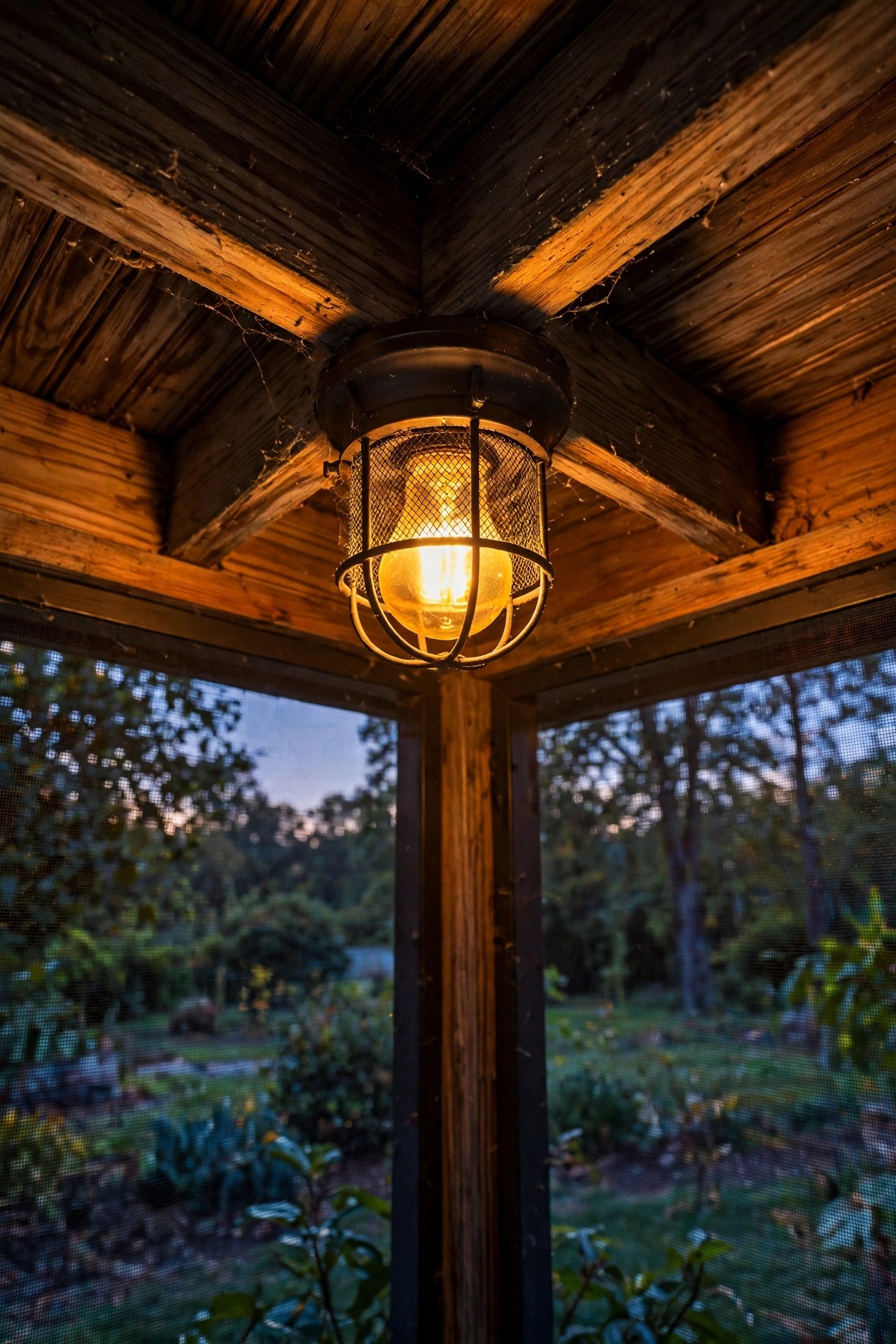 Amber bug-light bulb glowing warmly in a screened porch ceiling fixture at dusk