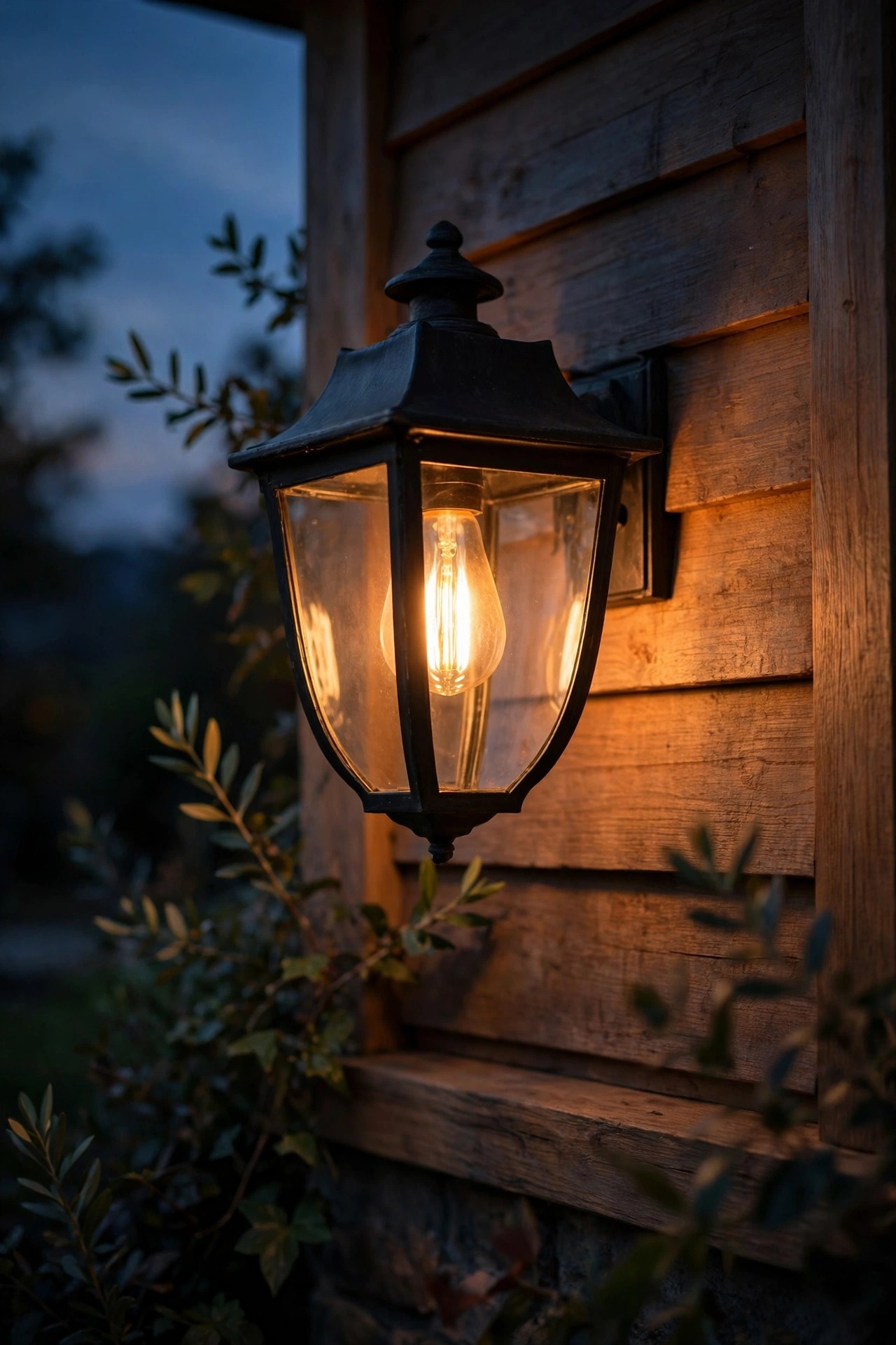 Warm amber 2200K bulb glowing inside a shielded porch lantern at dusk, soft golden candle-like light with no harsh blue glare