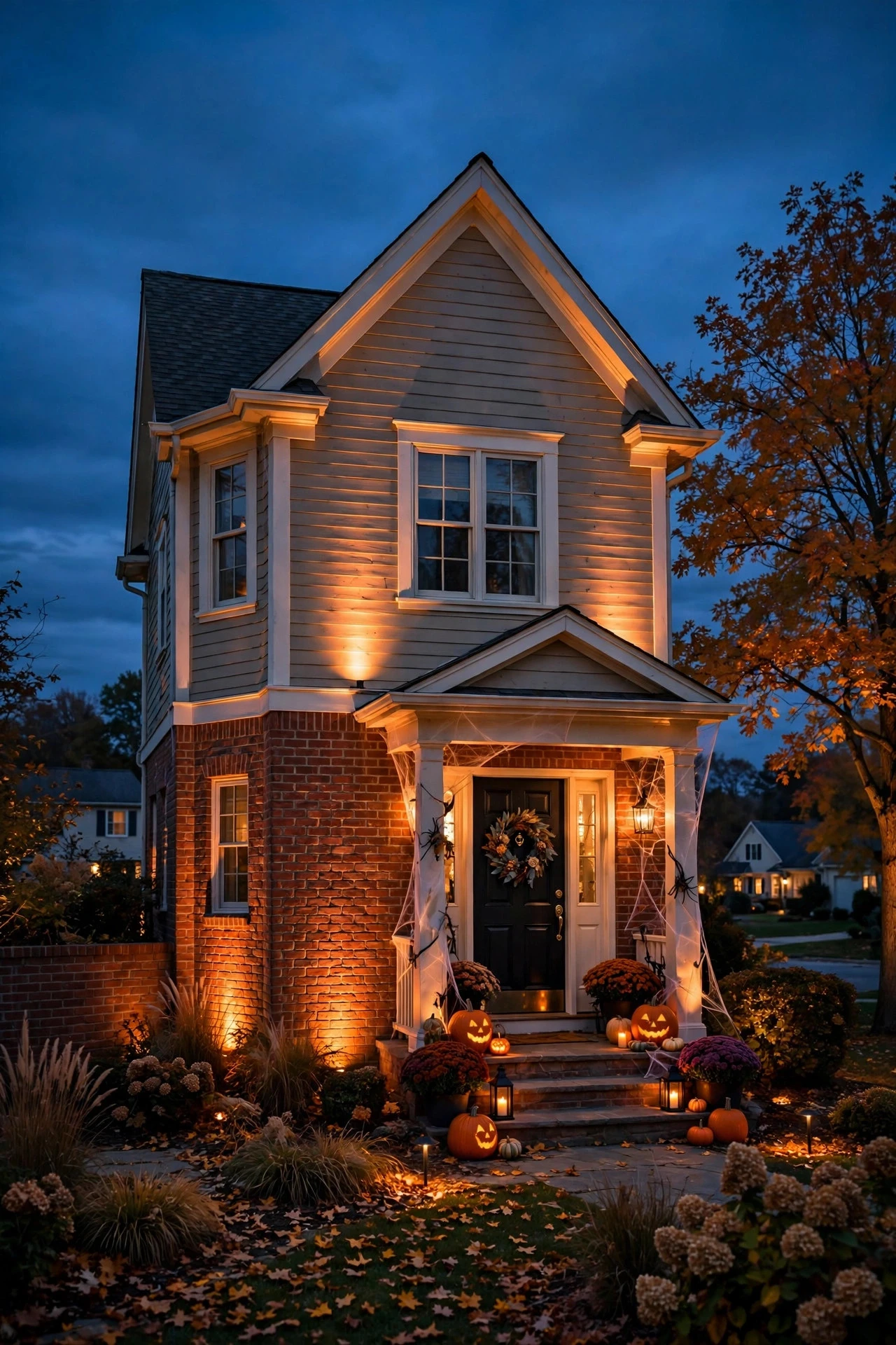 Suburban house facade washed in warm amber uplighting at dusk for Halloween