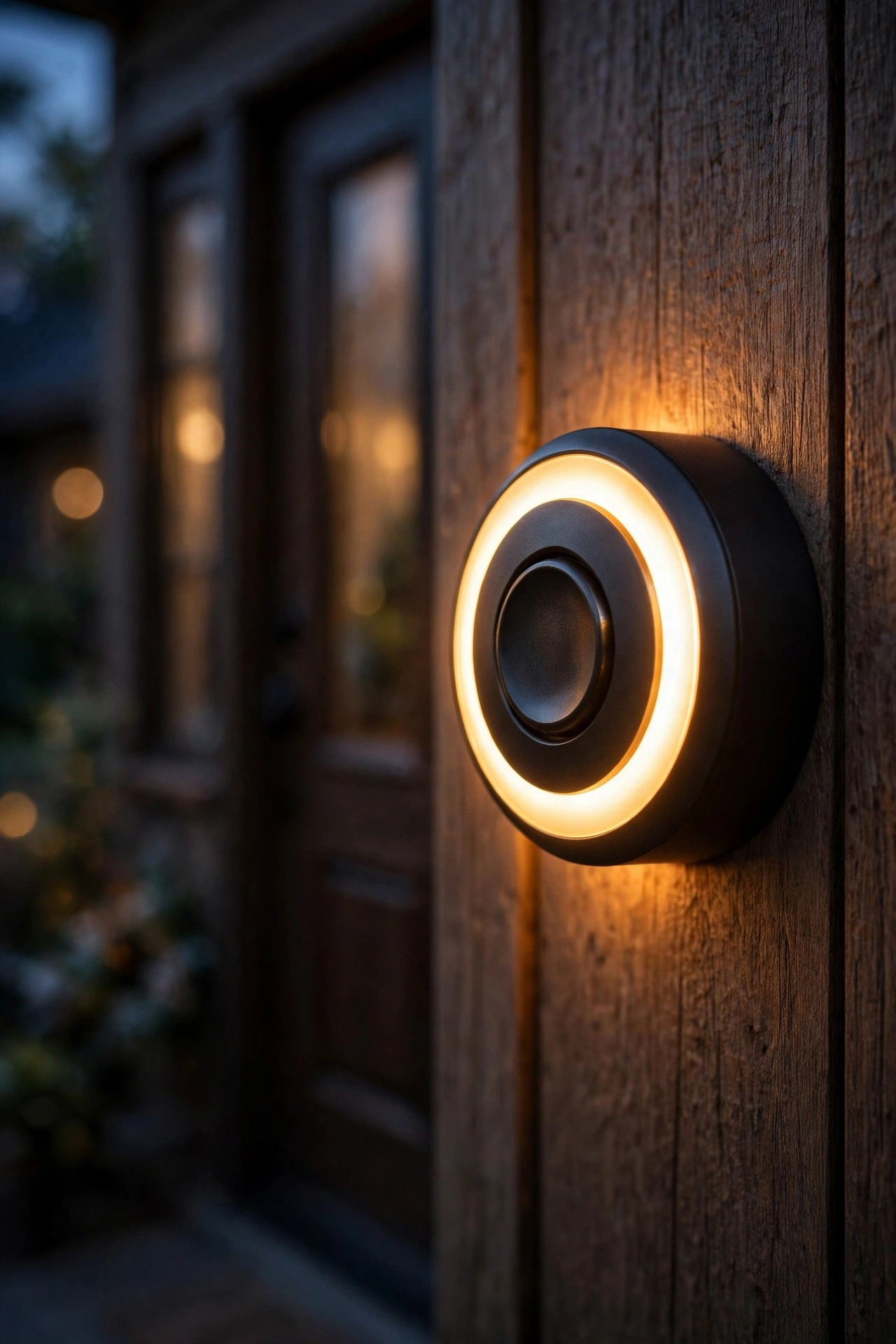 Close-up of a backlit doorbell button with a warm halo ring glowing beside a front door at dusk