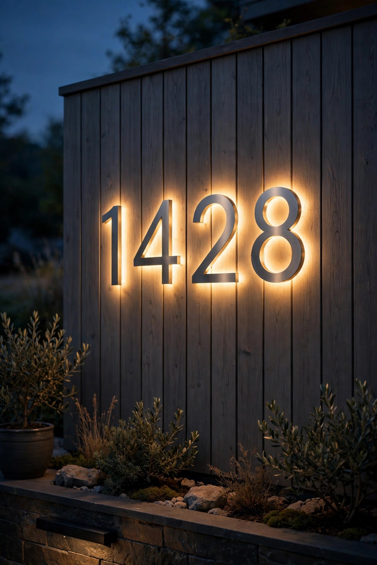 Halo-lit metal house numbers with a warm backlit glow on a home exterior wall at night