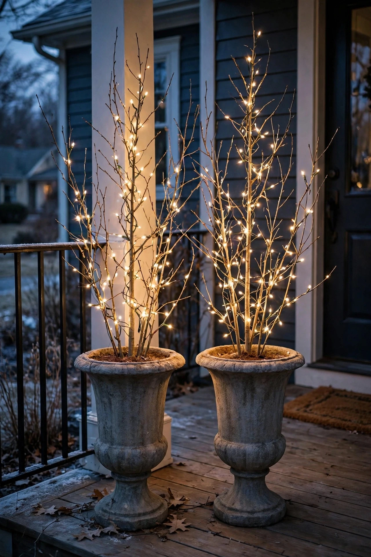 Tall bare winter branches wrapped in warm white fairy lights inside two porch urn planters at dusk