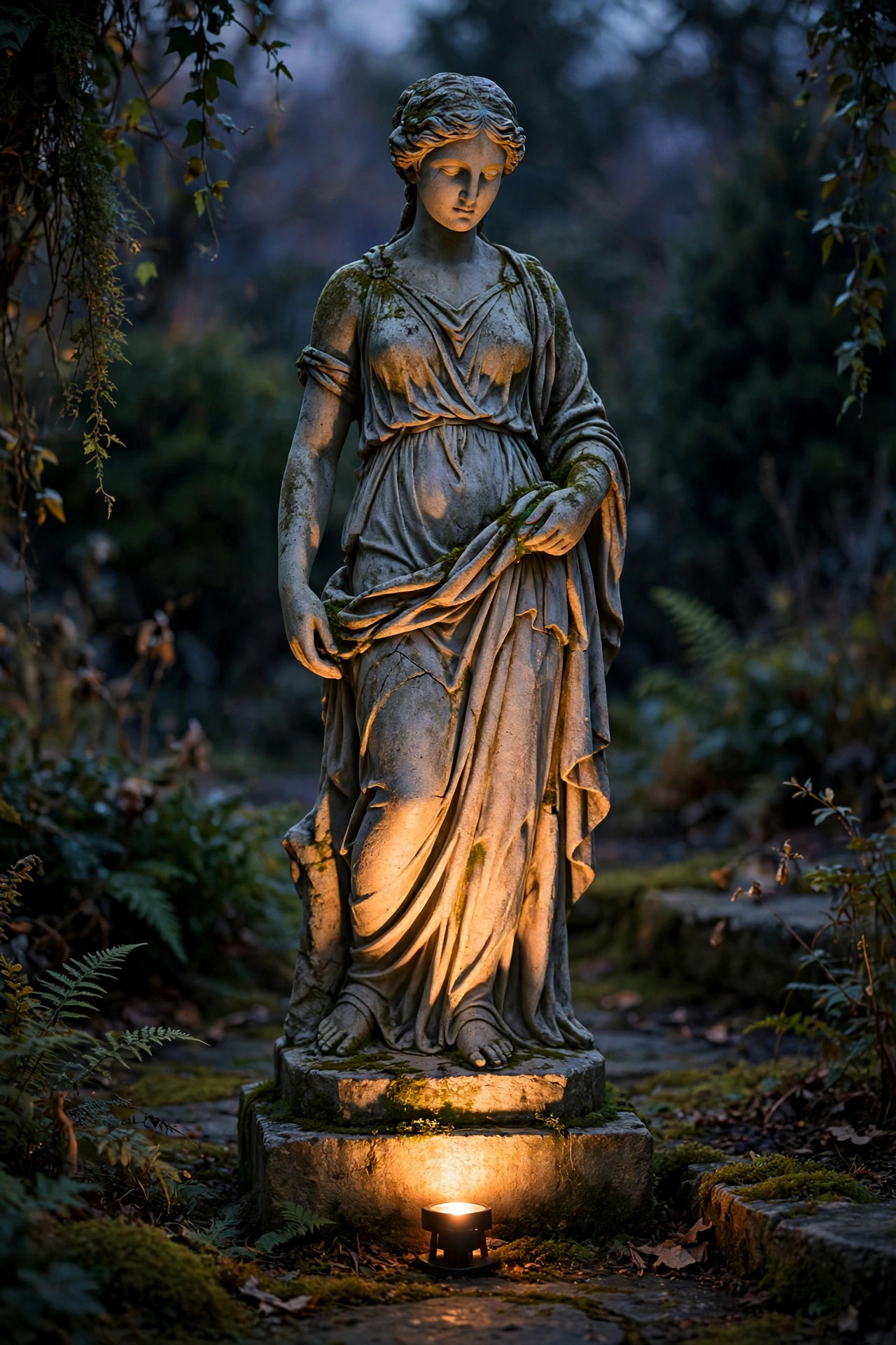 Single warm spotlight at the base of a stone garden statue casting gentle upward light and soft shadows
