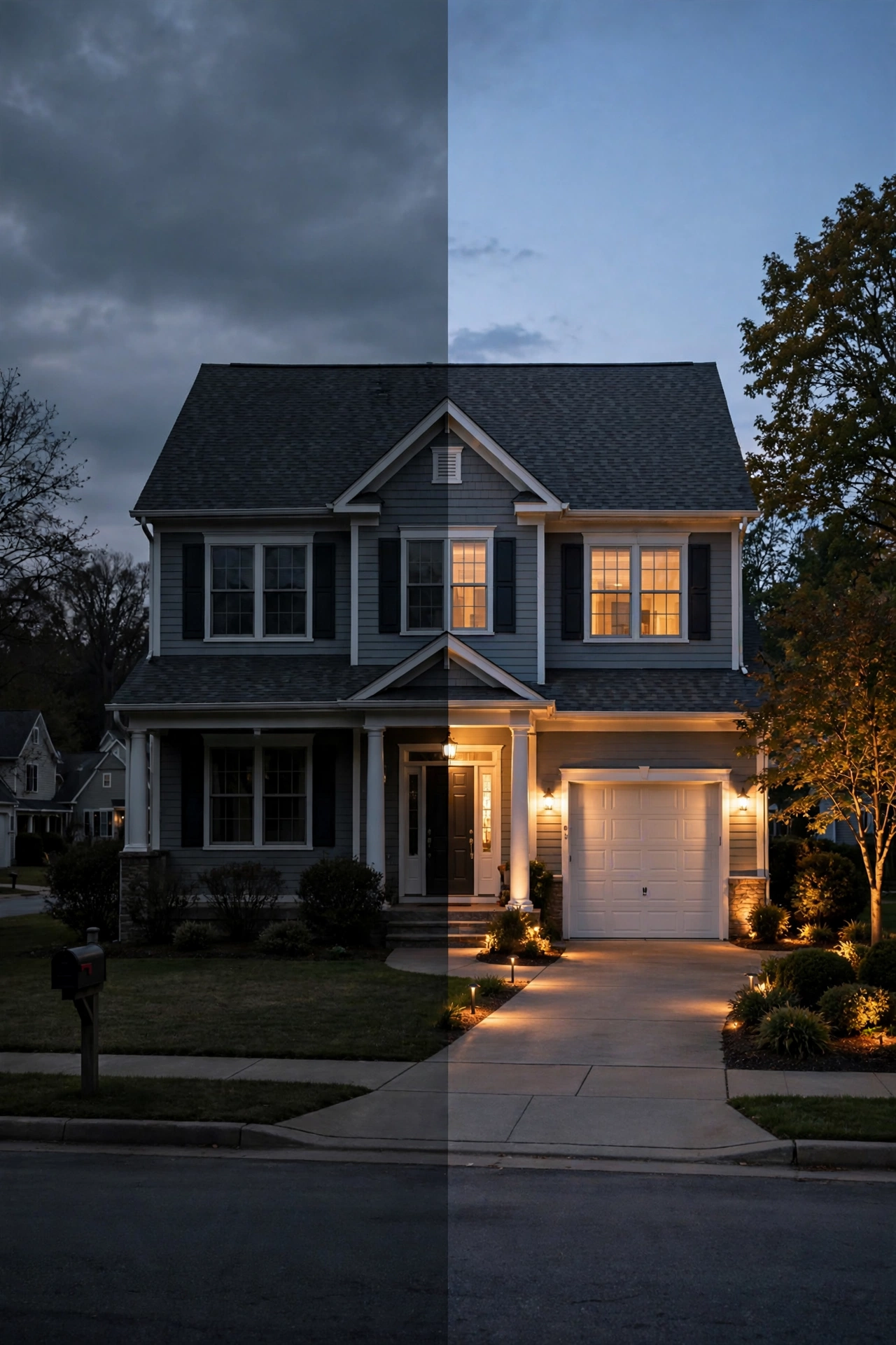 Split view of the same suburban home dark versus glowing with outdoor lighting curb appeal at dusk