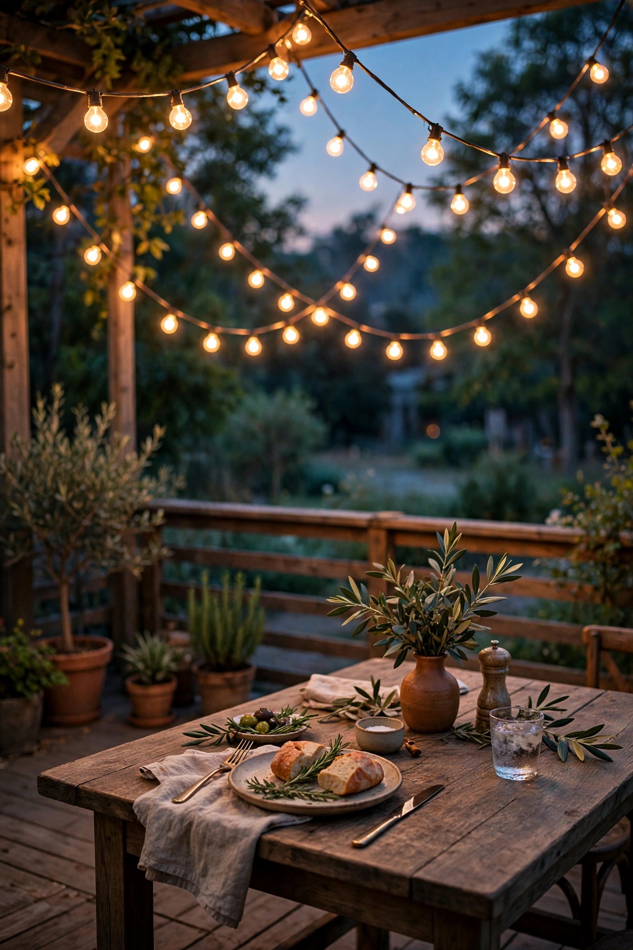 Warm bistro string lights draped in swags over an outdoor dining table on a deck at twilight