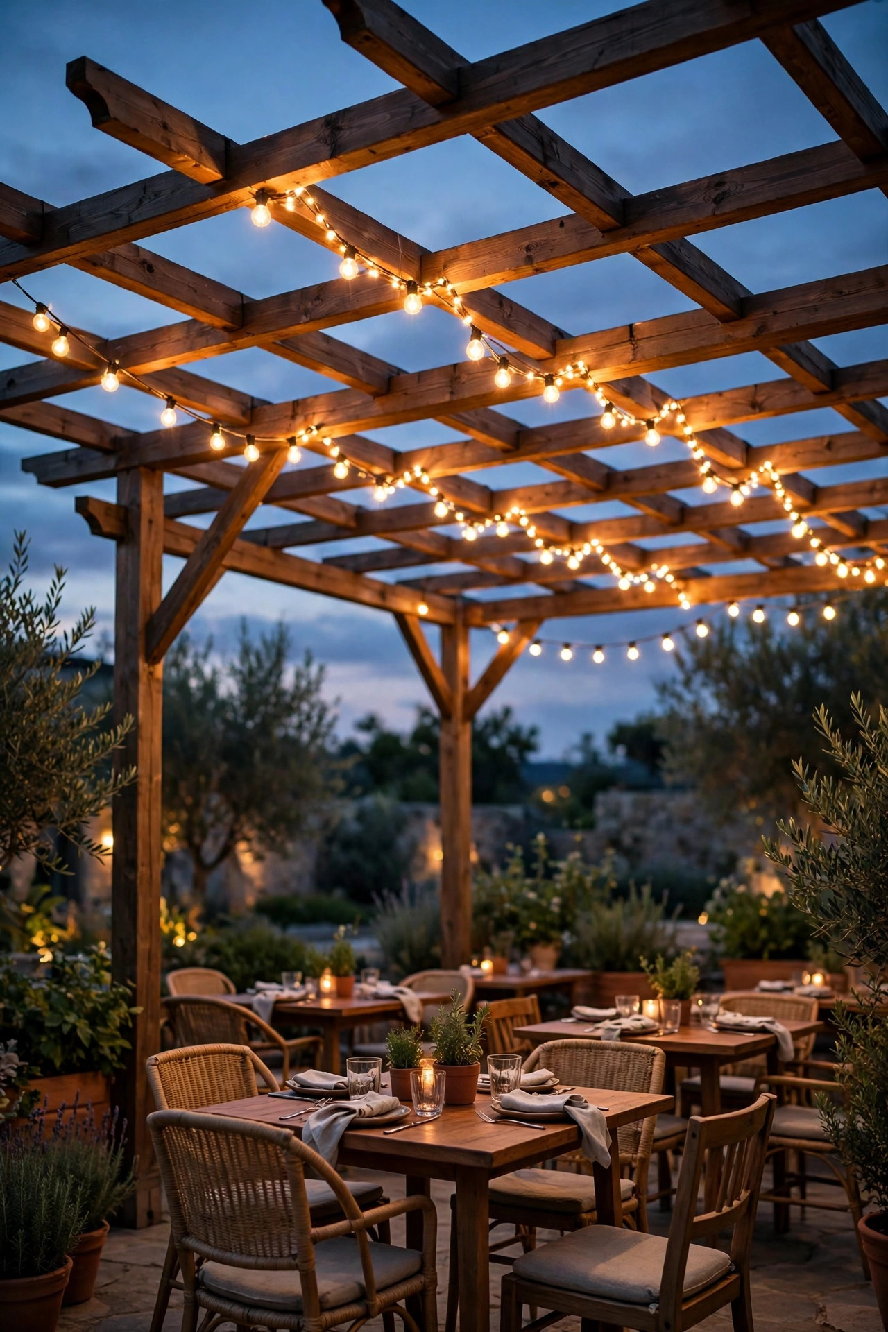 Warm bistro string lights zigzagged across the rafters of a freestanding pergola glowing over outdoor seating at dusk