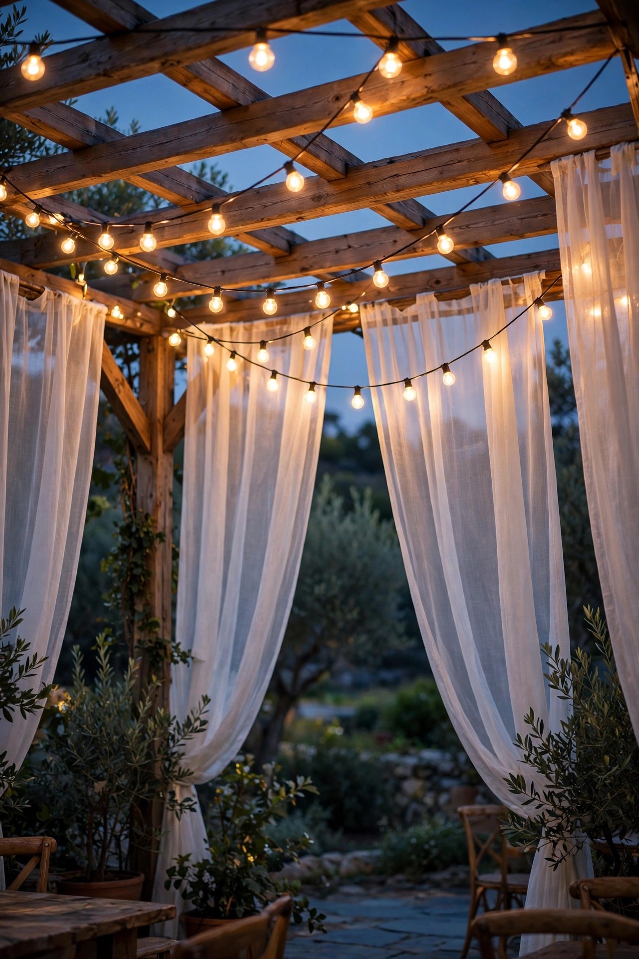 Bistro string lights swagged across a pergola ceiling above sheer white curtains at dusk