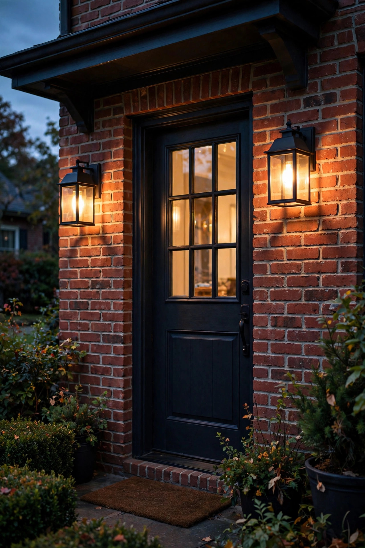 Matte black lantern sconces mounted on a red brick porch wall flanking a front door at dusk