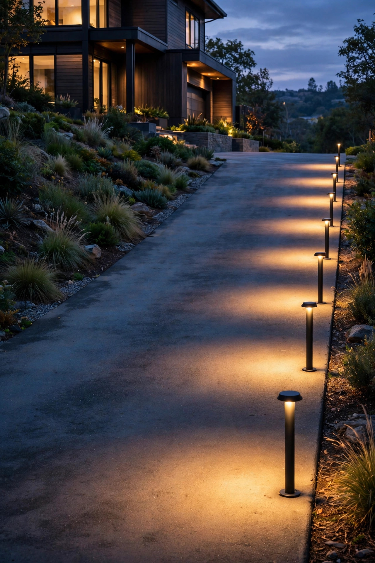 Low-voltage bollard lights lining the edge of a steep driveway at dusk, casting wide low pools of warm light across the pavement