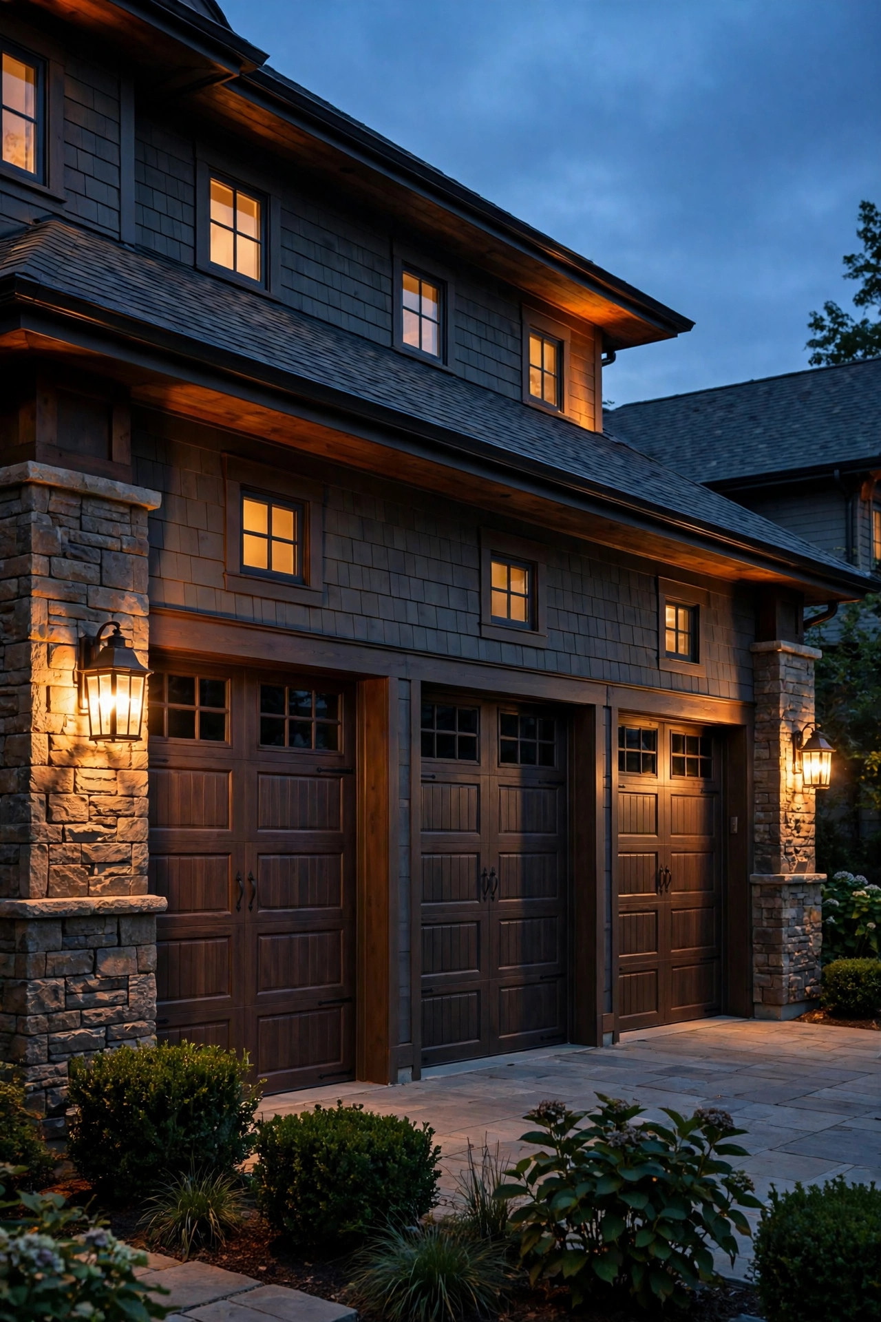 Three-car garage at dusk with a warm lantern sconce on each outer pier framing the facade