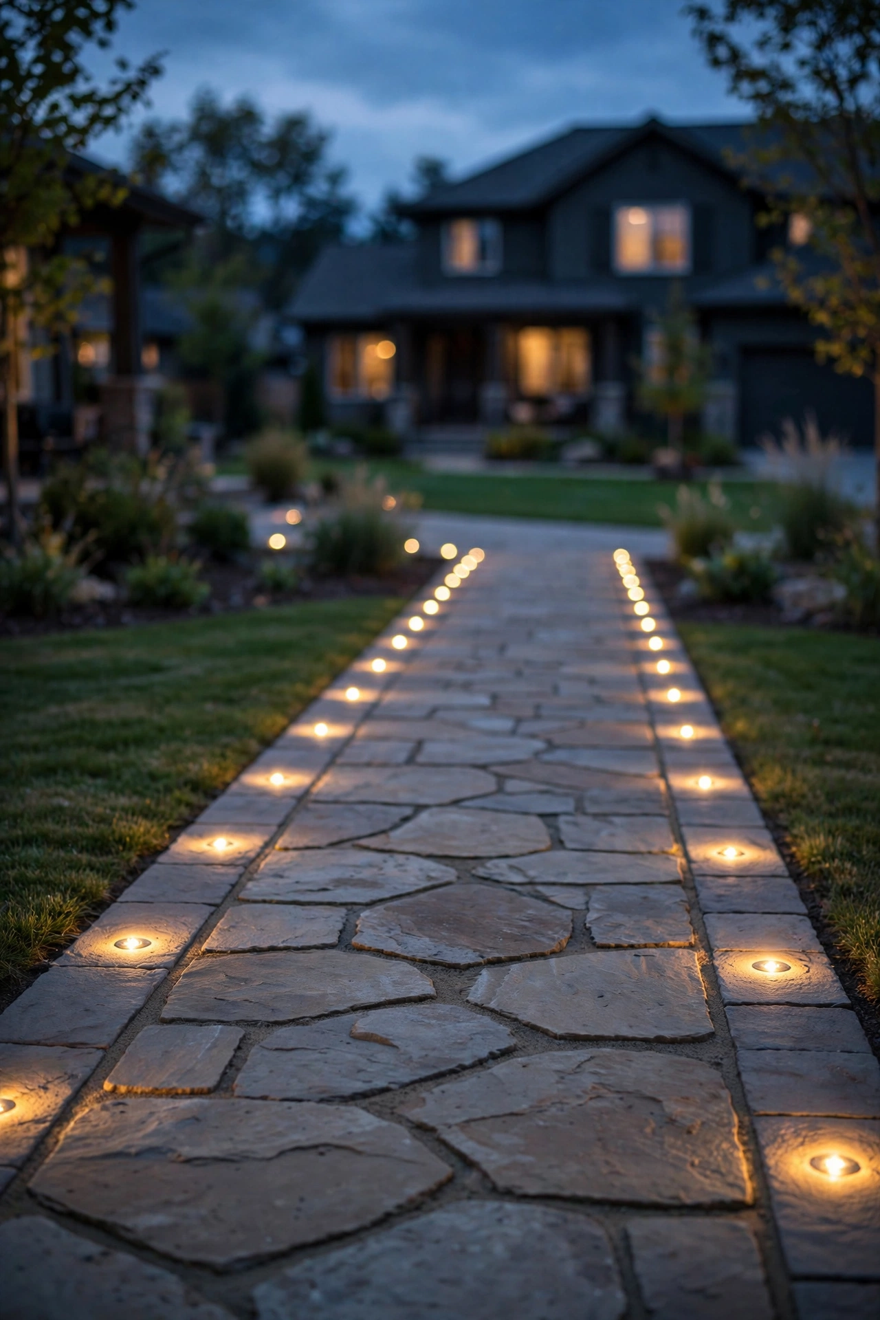 Flush-mount LED paver lights glowing along a new stone walkway at dusk