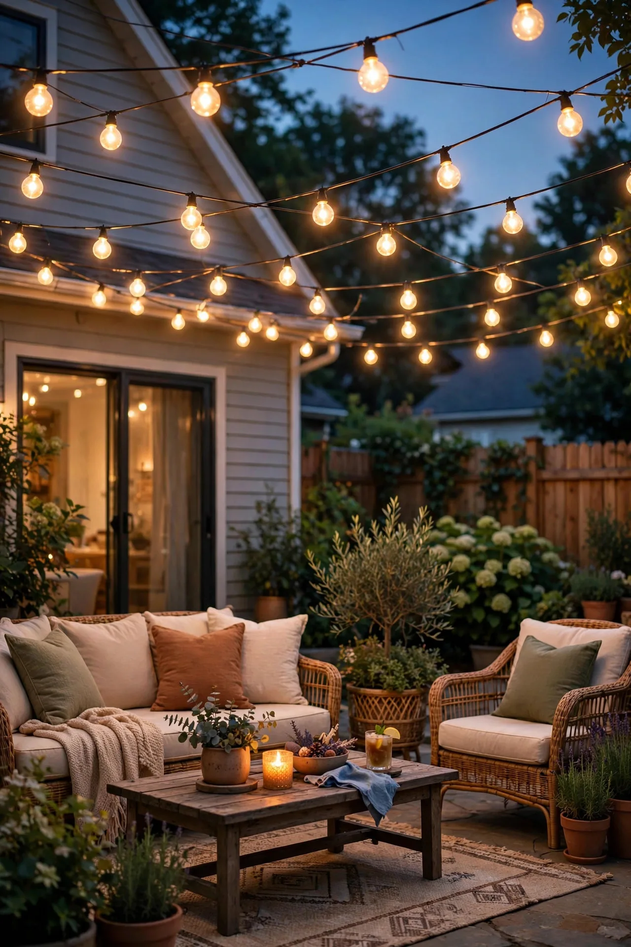 Patio canopy of warm cafe string lights glowing at dusk over outdoor furniture