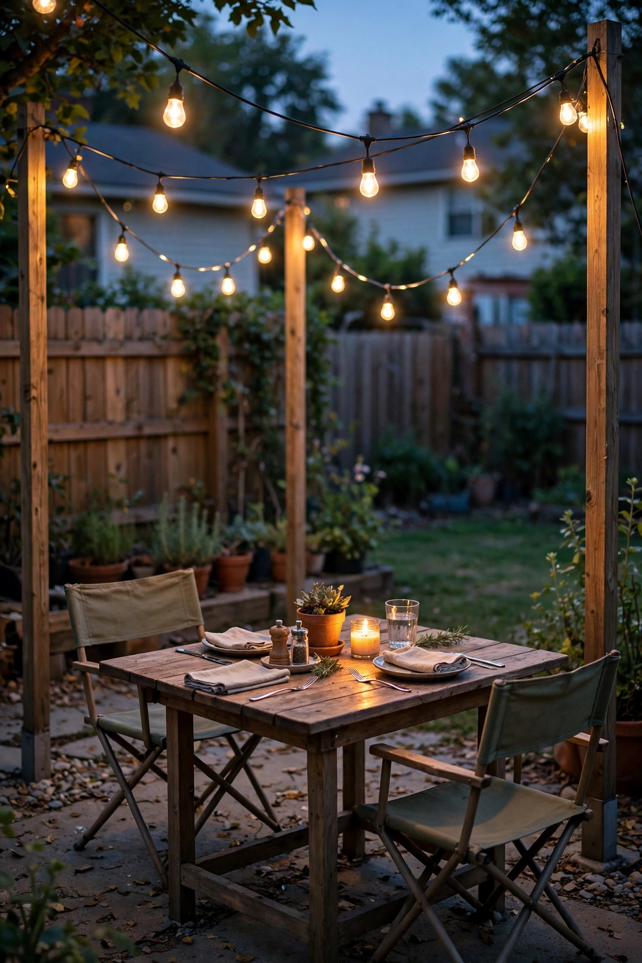 Warm white café string lights sagging in gentle curves over a patio dining set at dusk