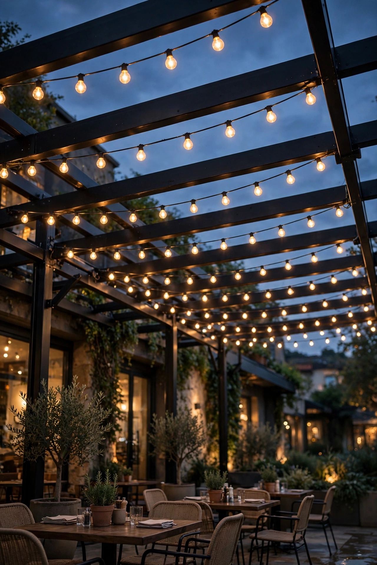 Café string lights swagged between the rafters of a hardtop gazebo at dusk, warm filament bulbs over a seating area