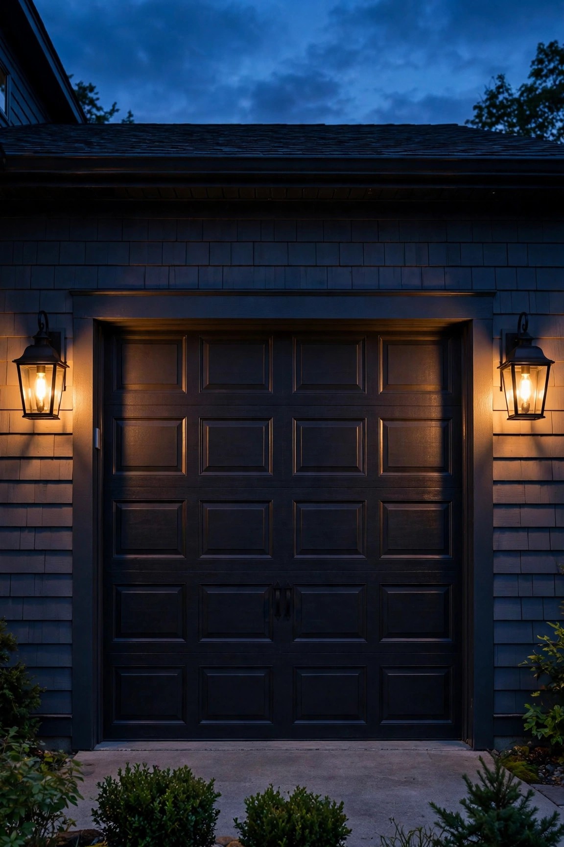 Pair of black carriage lanterns with warm filament bulbs flanking a paneled garage door at dusk