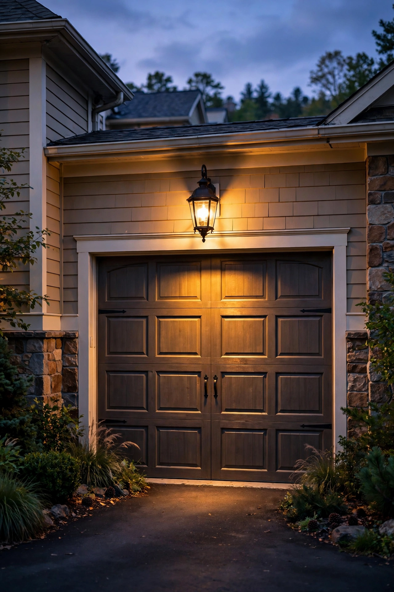 Single garage door at dusk with one centered black carriage lantern glowing above the trim