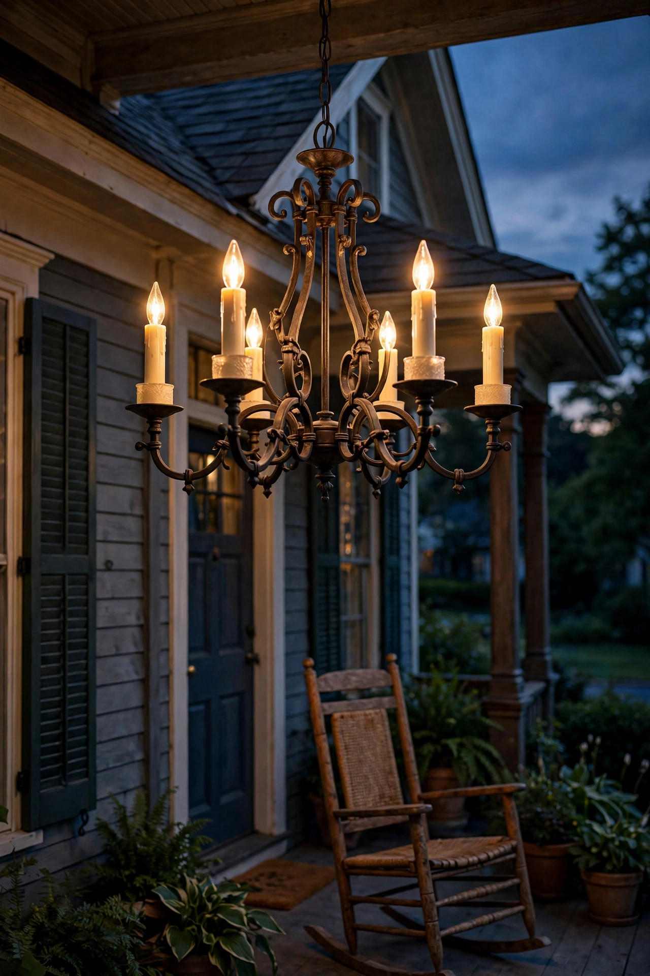 Candle-style outdoor chandelier with ivory sleeves glowing on a traditional front porch