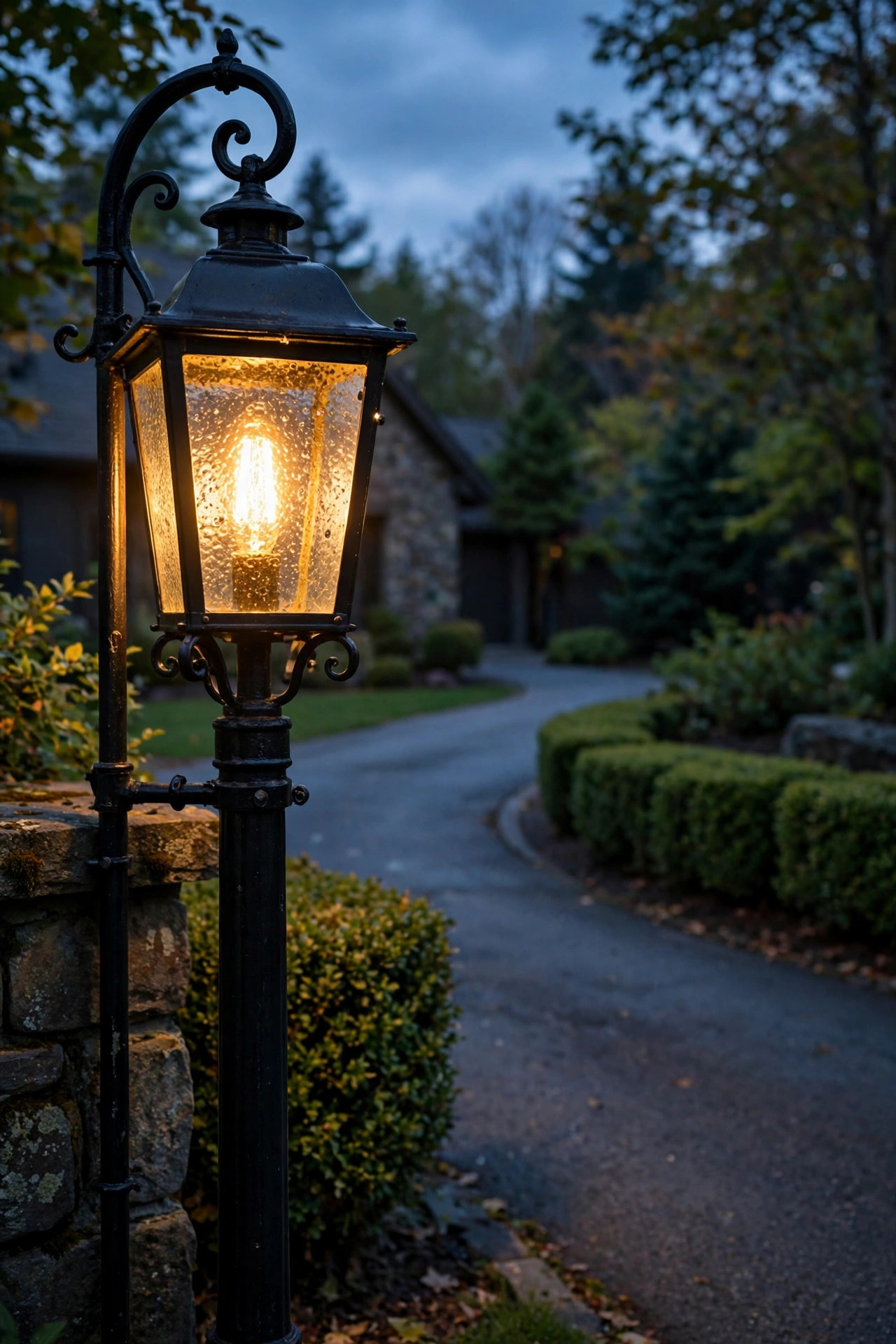 Traditional black lamp post with seeded glass at a driveway entrance at dusk, warm LED filament glow