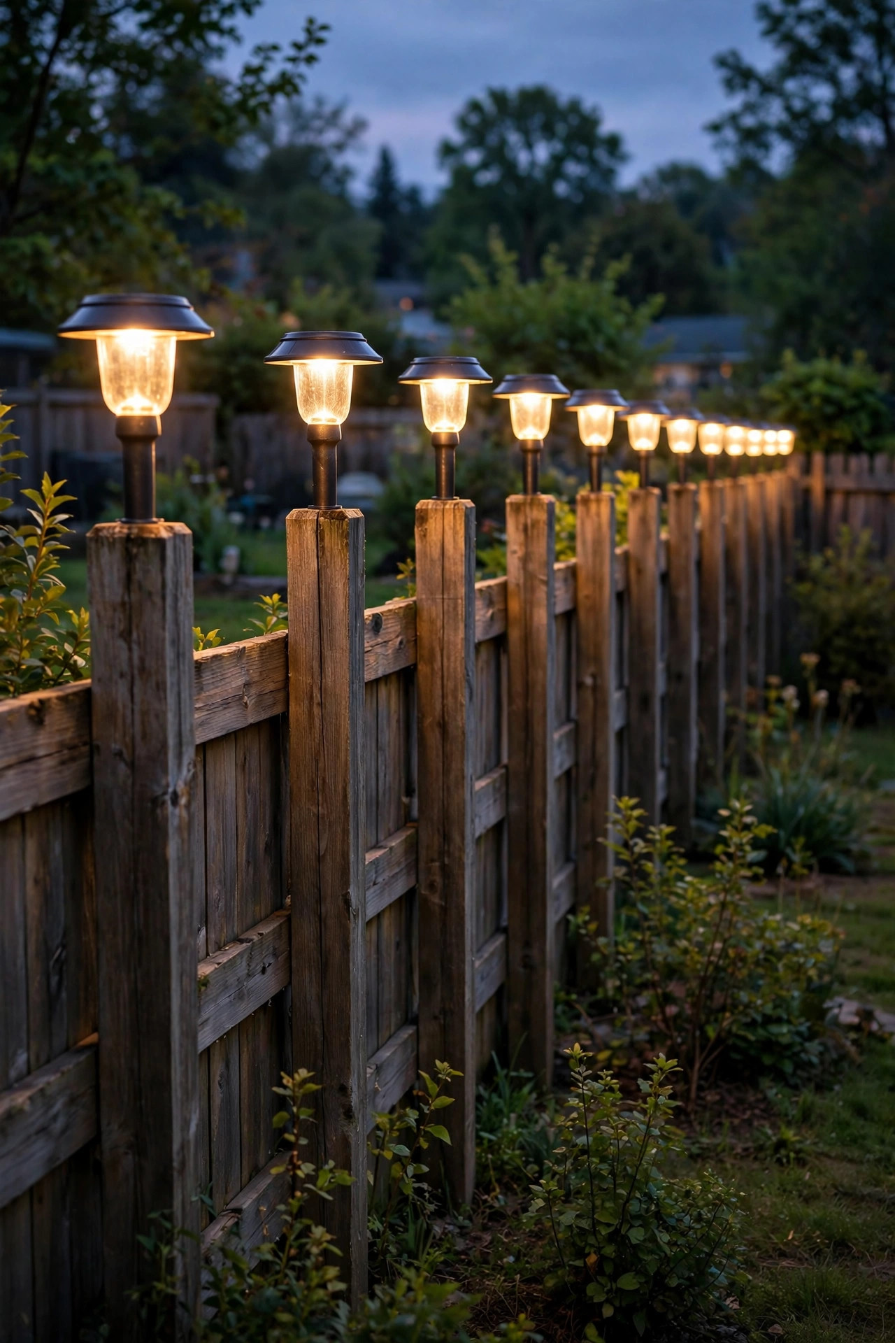 Classic solar cap lights on wooden fence posts lining a backyard at dusk