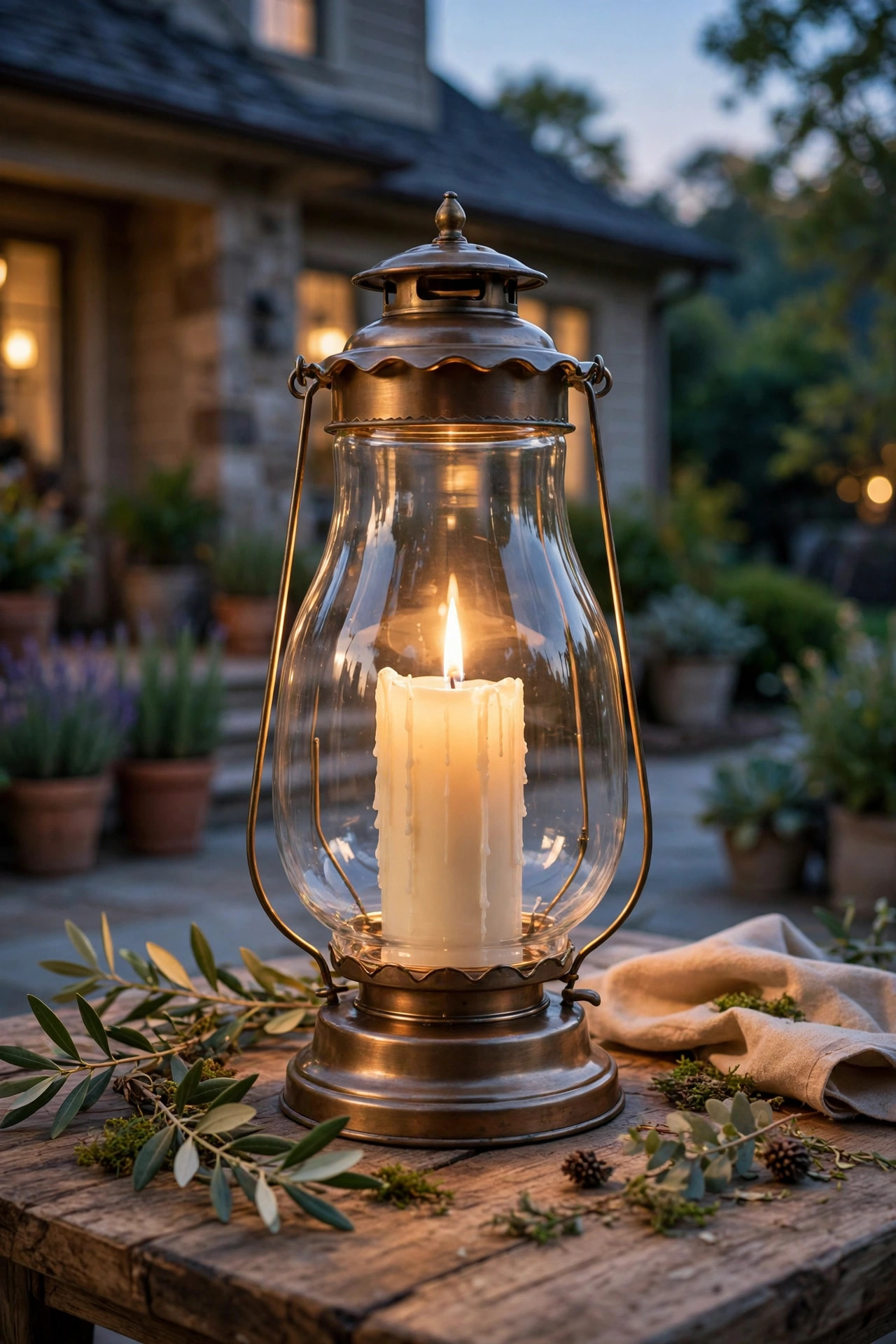 Classic clear glass hurricane lantern with a tall ivory pillar candle glowing on an outdoor table
