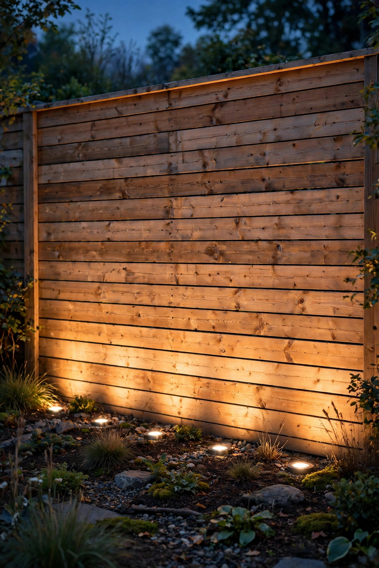 Wide-beam ground fixtures washing a wooden fence with an even sheet of warm light