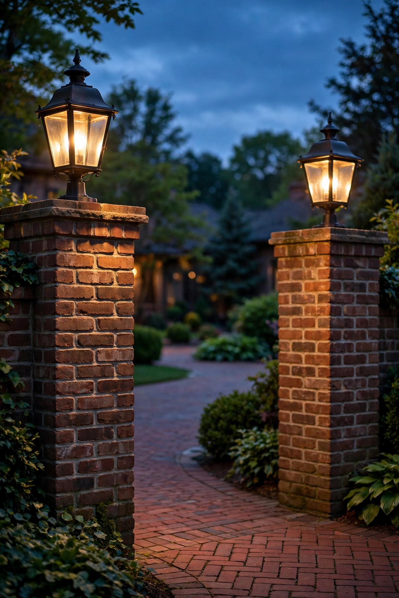 Classic black lantern pier lights on brick driveway columns at dusk