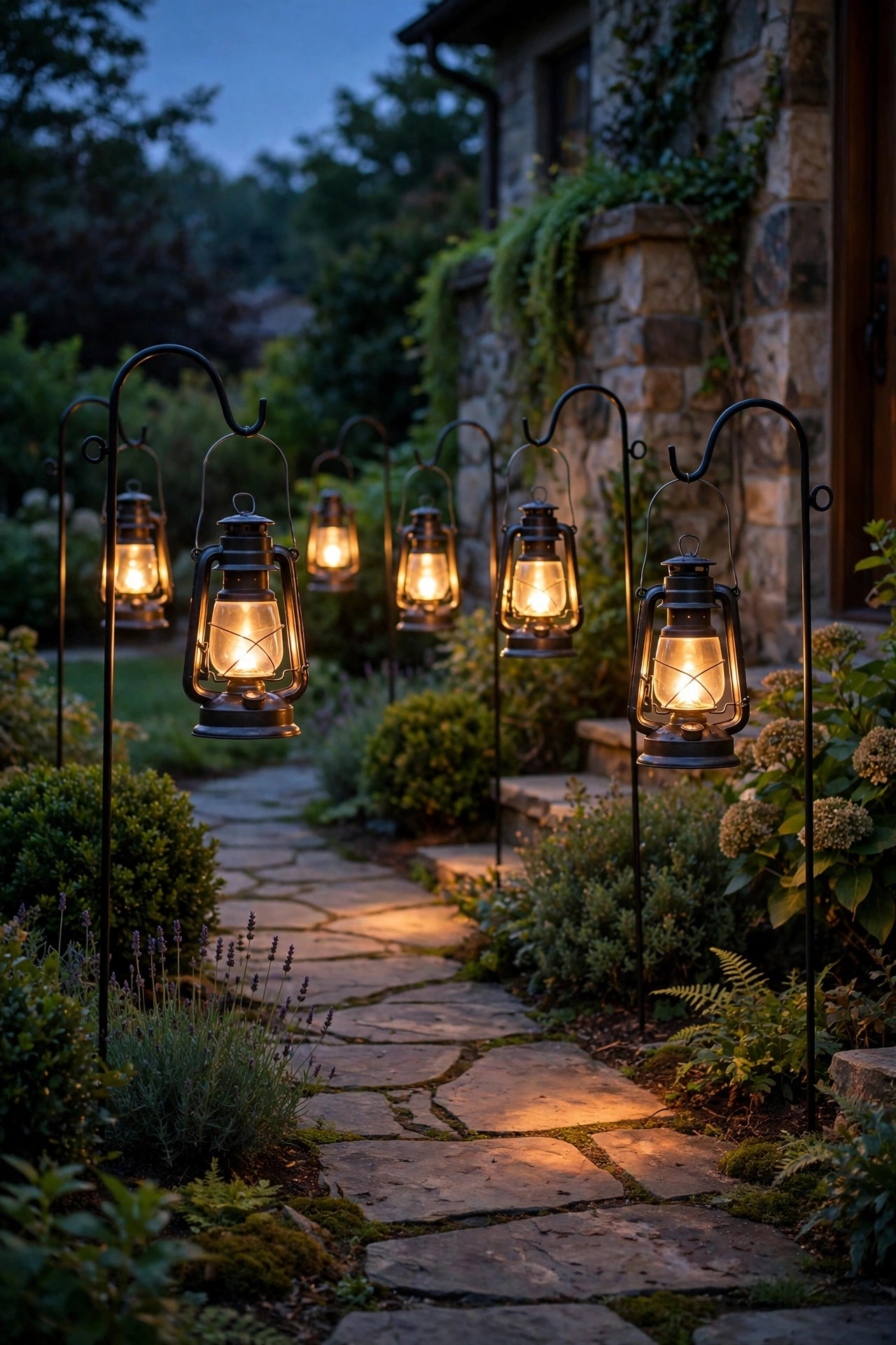 Classic metal lanterns hanging from shepherd's hooks along a stone front walkway at twilight