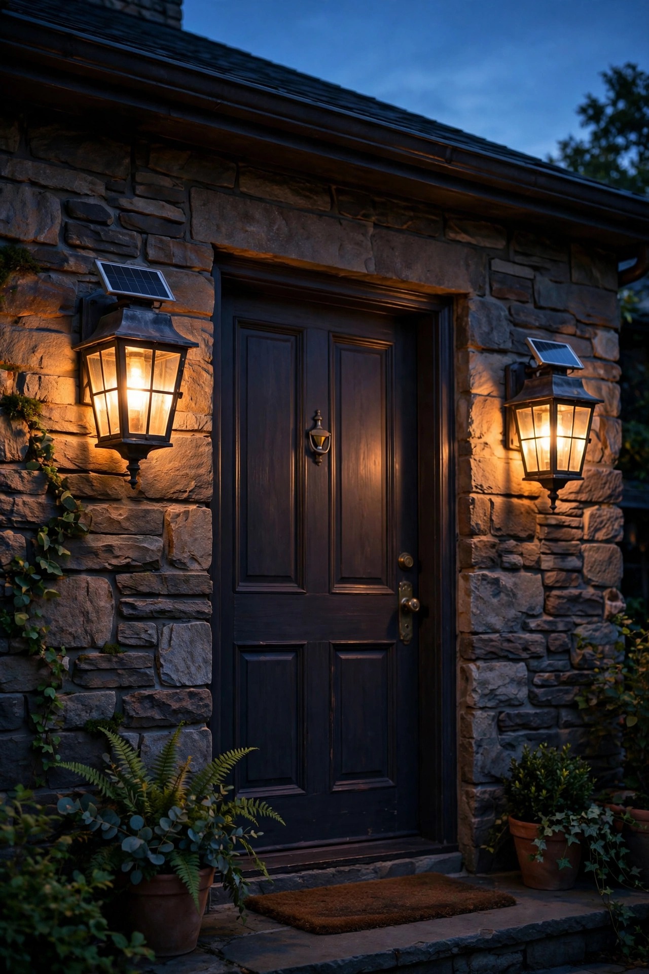 Pair of classic solar wall sconces with warm glowing lanterns flanking a front door at dusk, small solar panels visible on top of each fixture