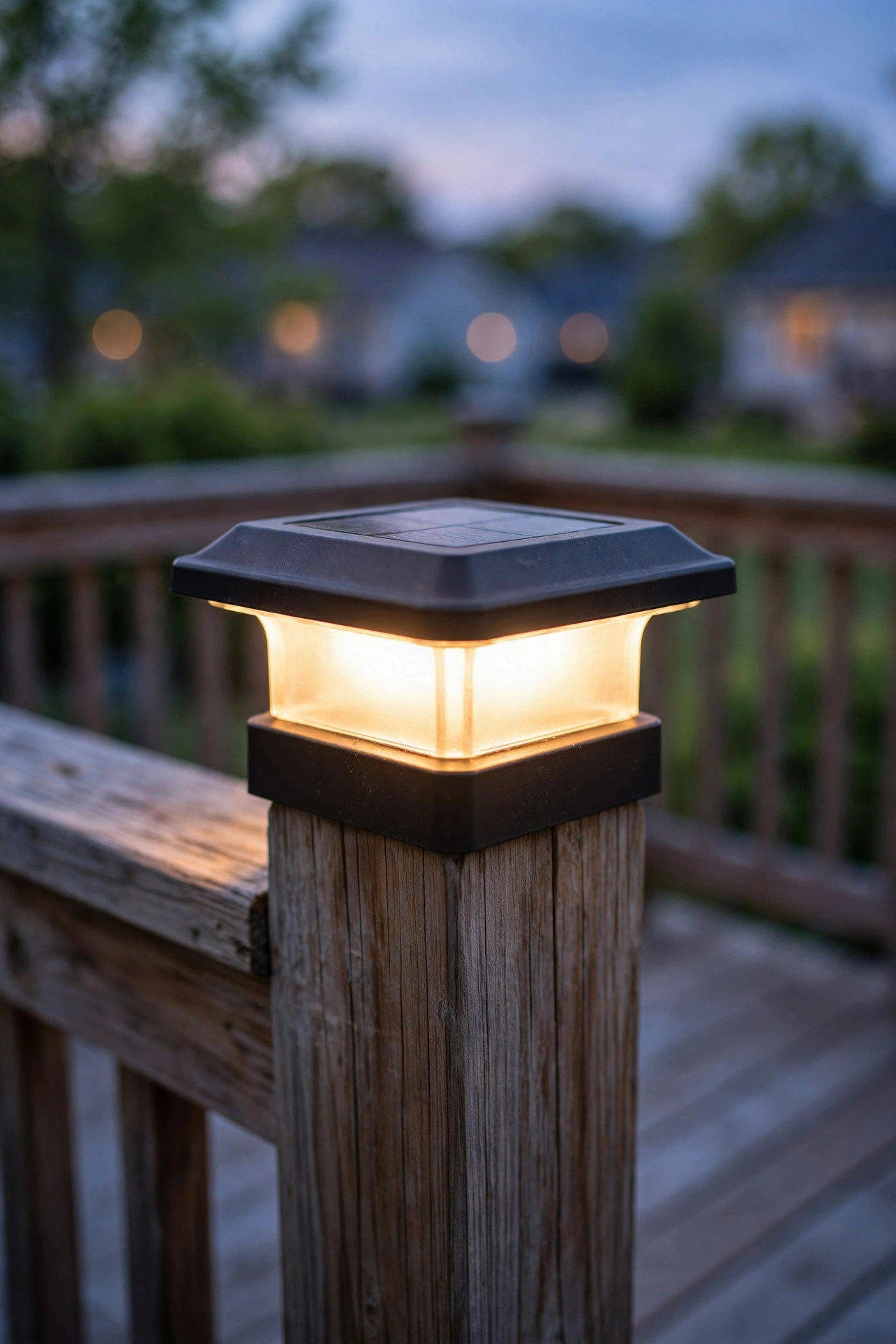 Close-up of a warm-white solar deck post cap light glowing at dusk on a wooden railing post