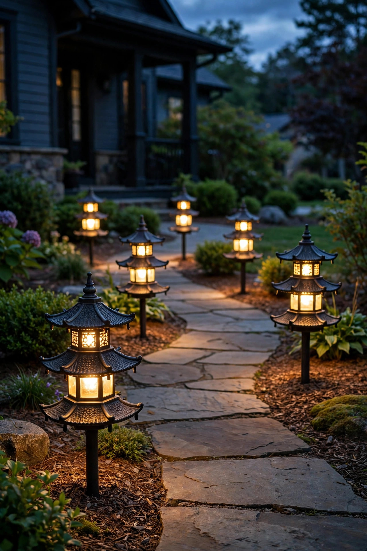 Classic three-tier cast aluminum pagoda path lights staggered along a front walkway at dusk