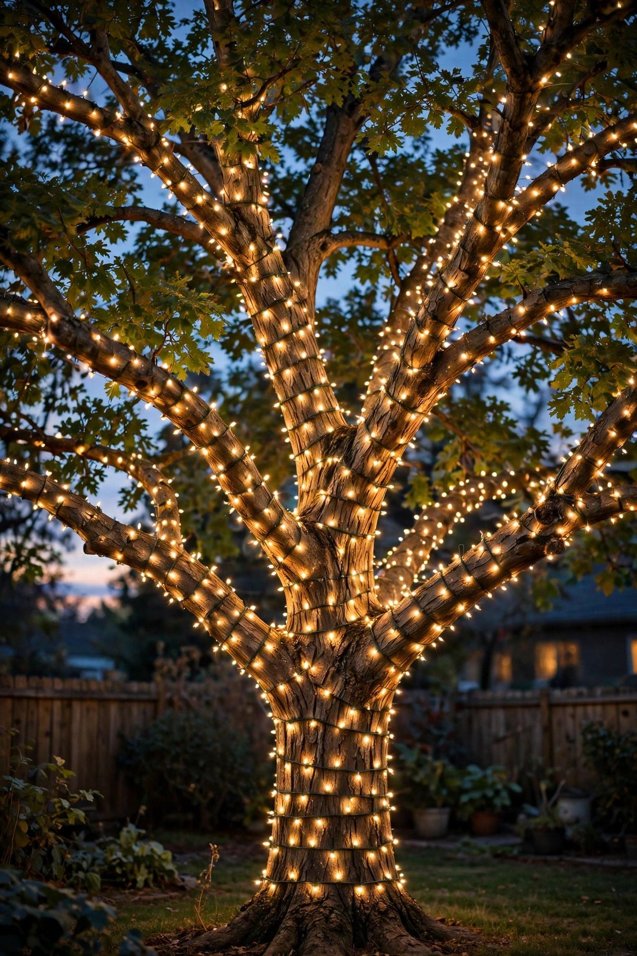 Large backyard tree with trunk and branches wrapped in warm white Christmas string lights at dusk