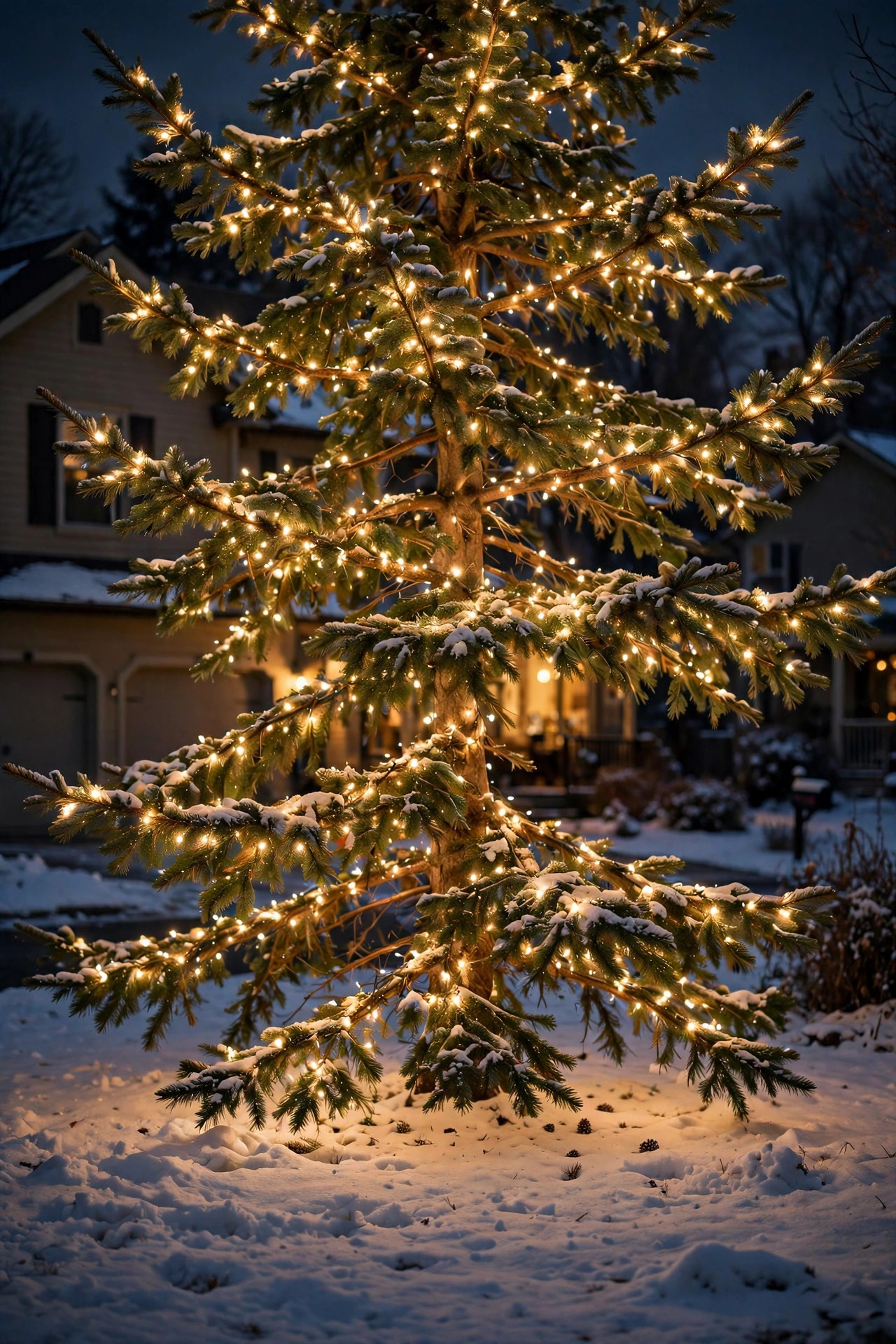 Evergreen tree wrapped branch by branch in warm white Christmas lights glowing at night