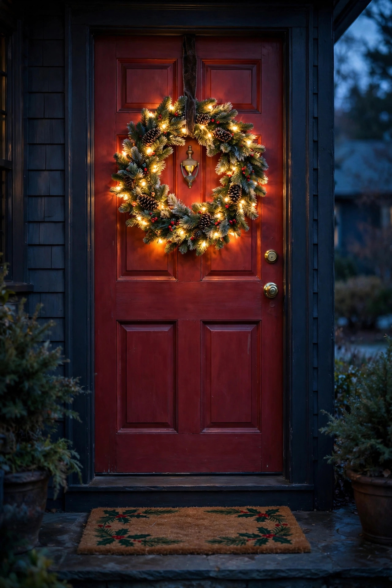 Classic pre-lit Christmas wreath with warm-white lights glowing on a red front door at dusk