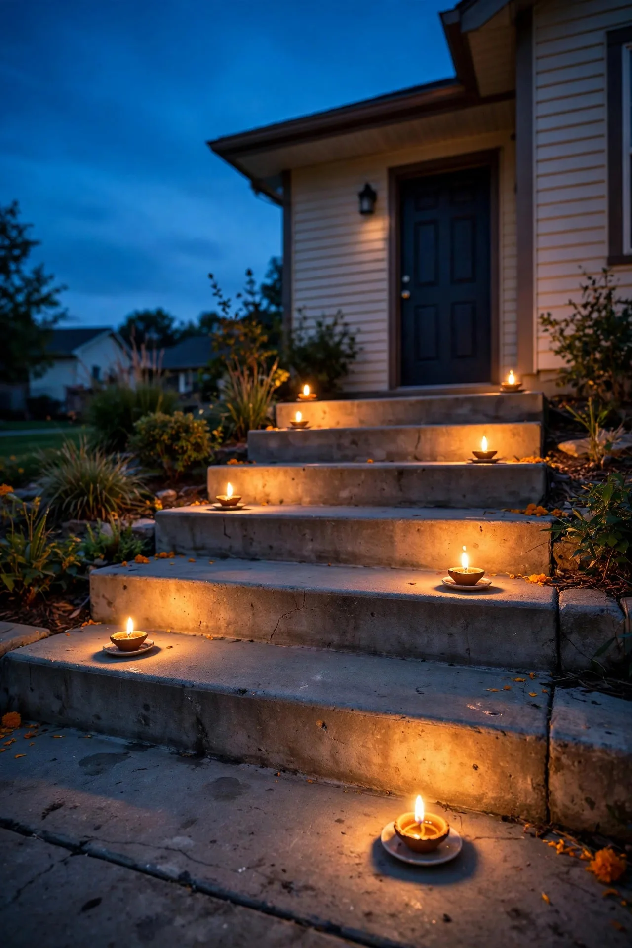 Rows of lit clay diyas on outdoor entry steps at dusk for Diwali