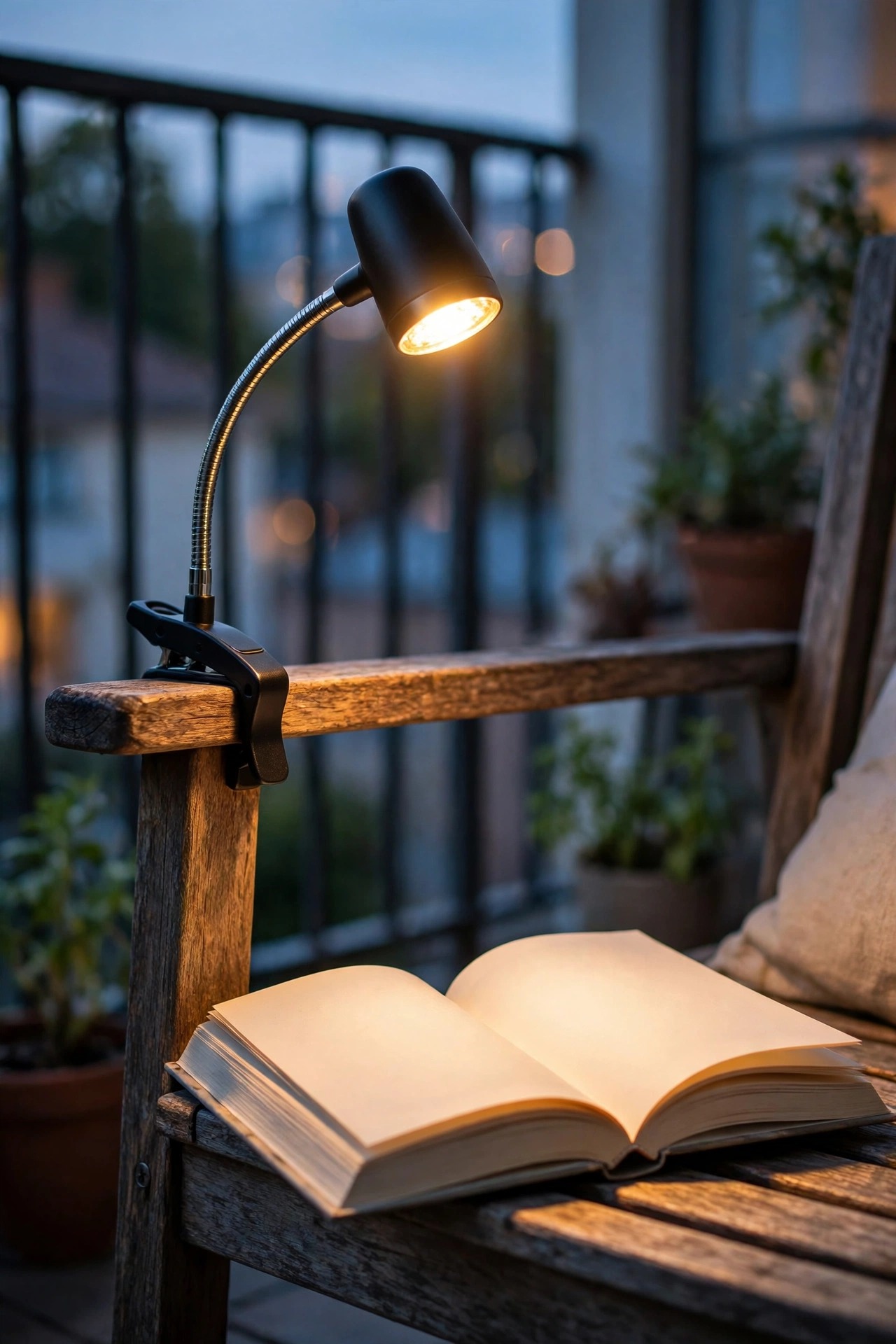 Flexible clip-on reading lamp clamped to a balcony chair arm shining warm focused light onto an open book