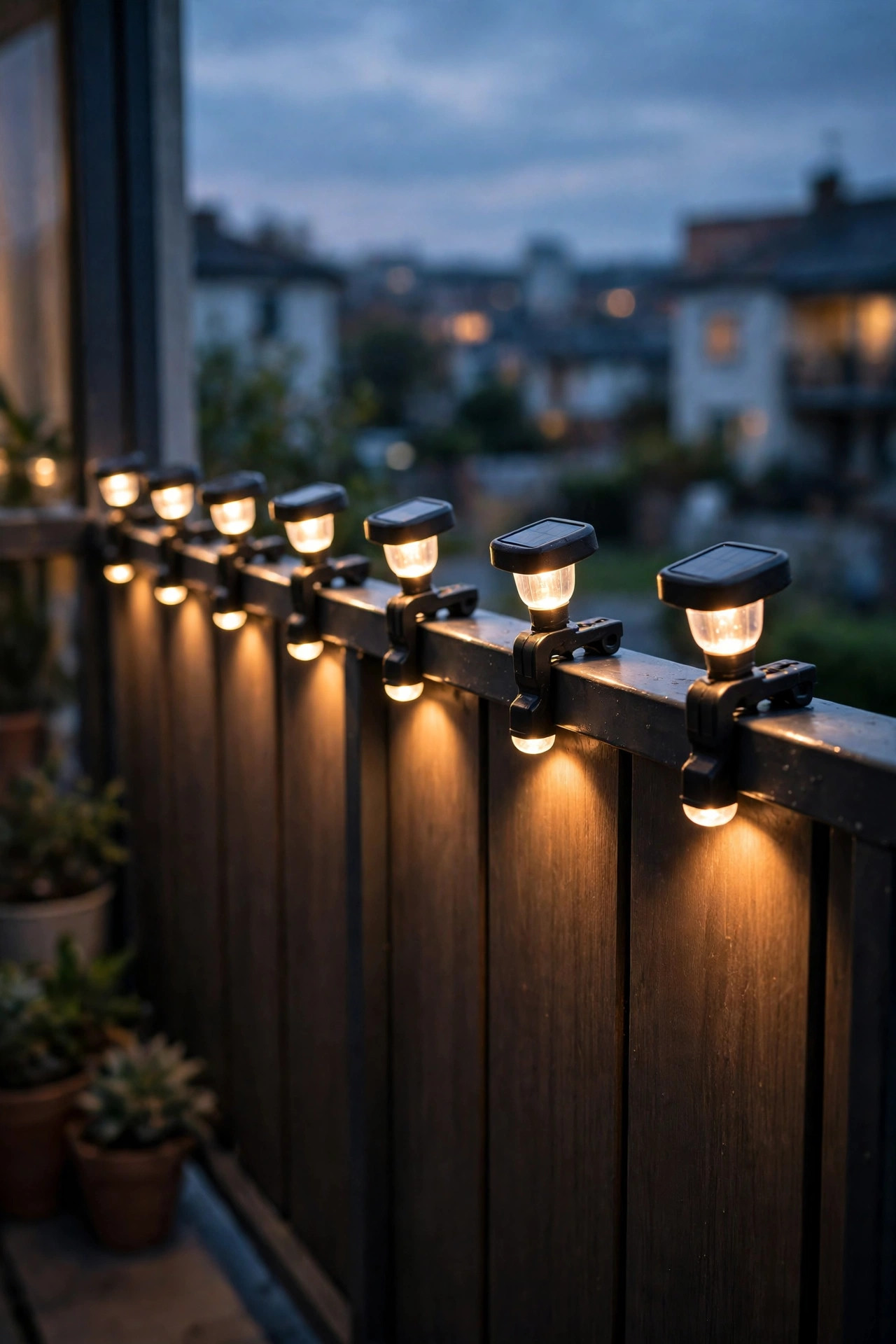 Row of small clip-on solar lights clamped along a balcony top rail washing warm light down at dusk