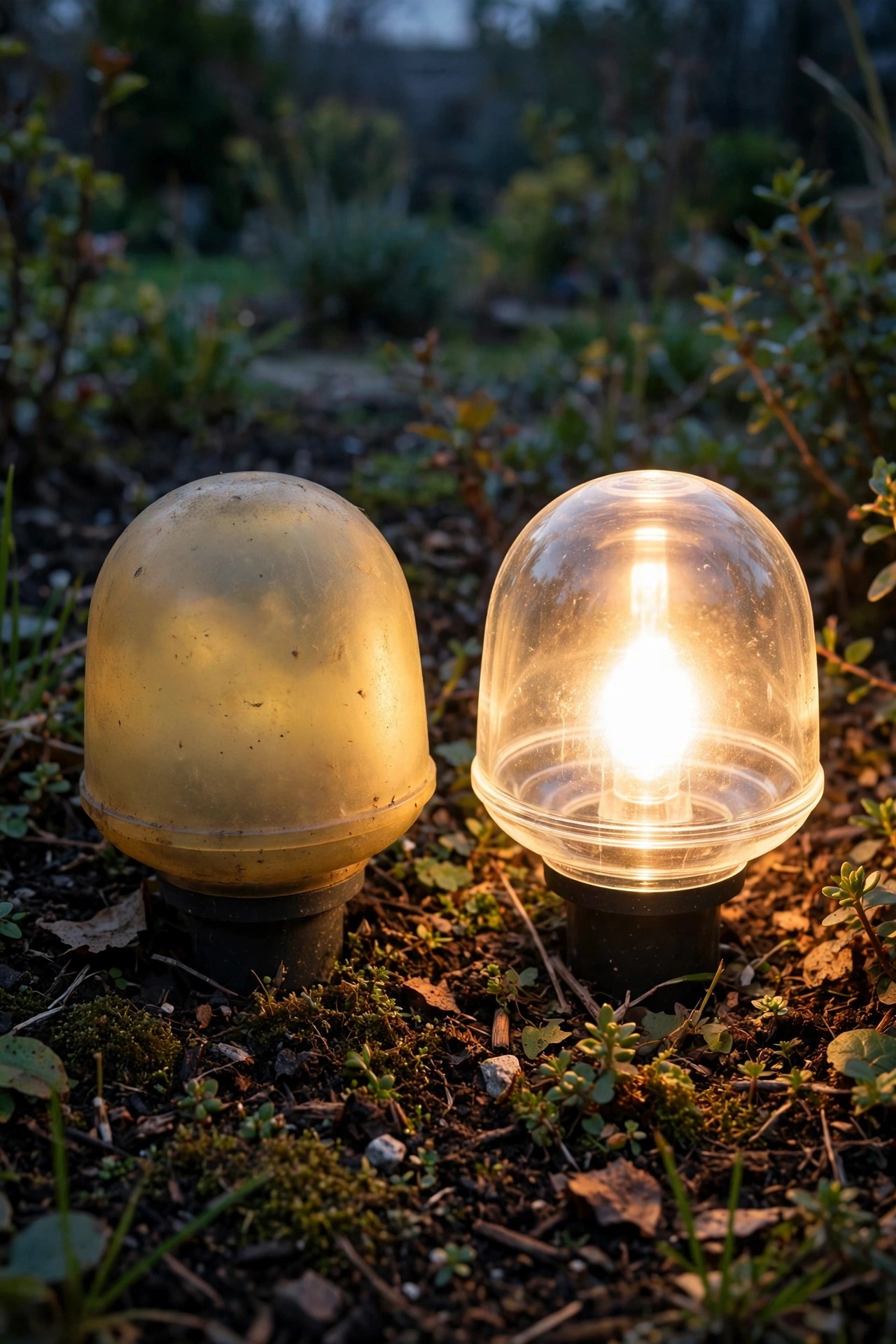 Side-by-side comparison of a yellowed cloudy plastic path light lens and a crystal-clear restored lens glowing in a garden bed at dusk