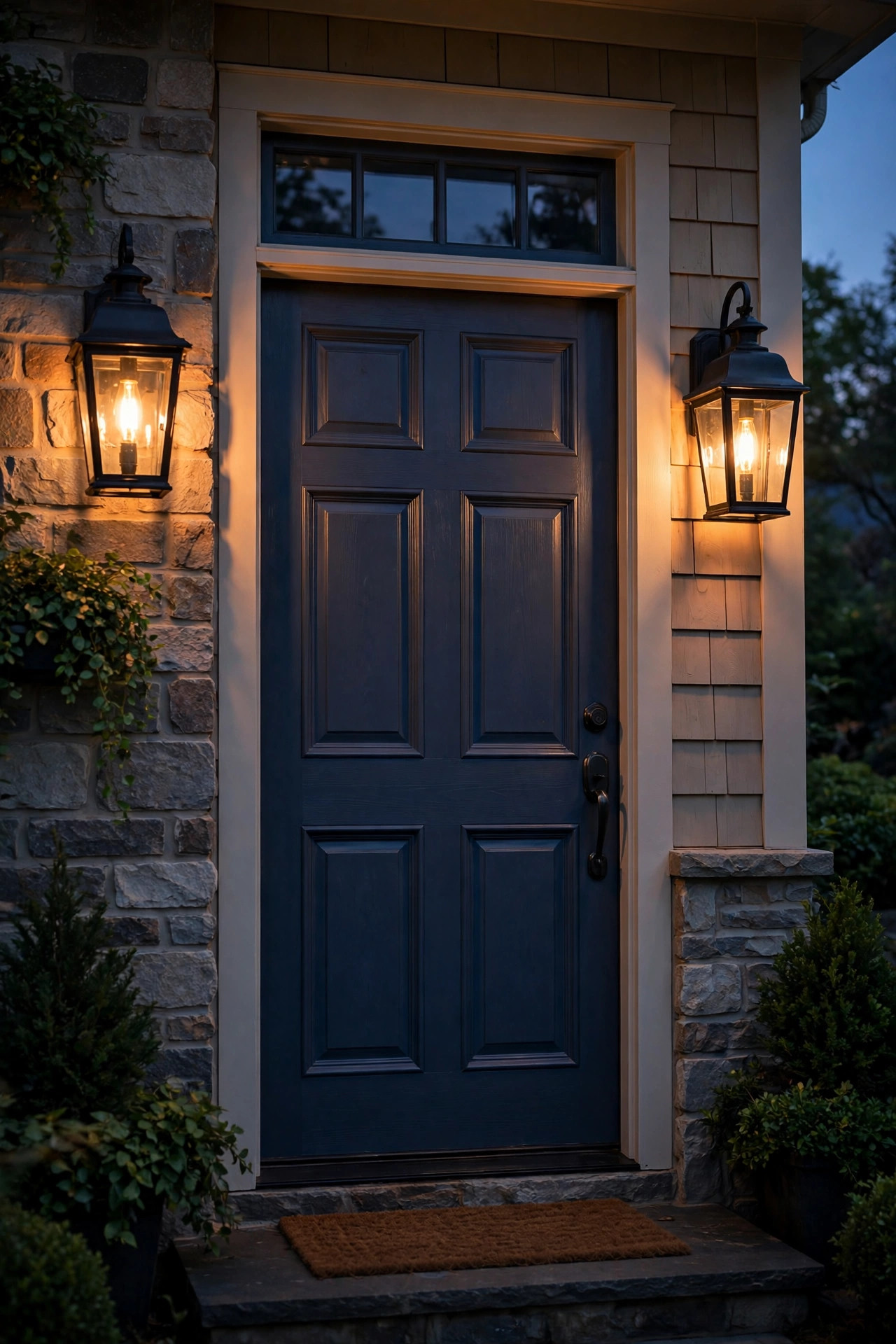 Pair of black coach lanterns with clear glass and warm filament bulbs flanking a paneled front door at dusk