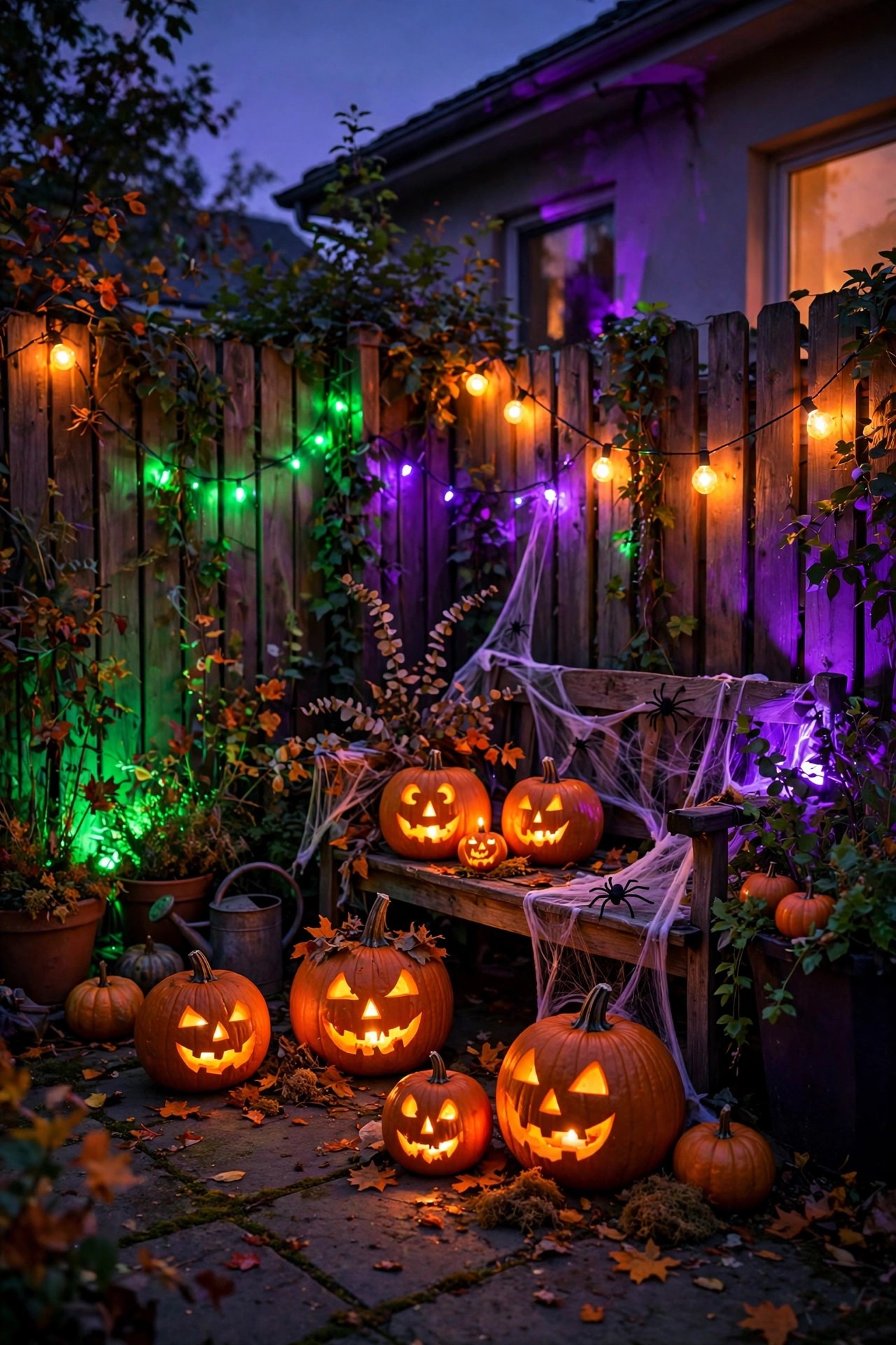Backyard Halloween lighting in a strict purple green and orange color palette at dusk