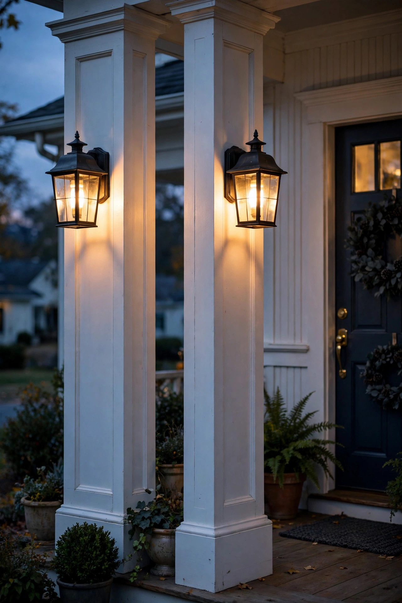 Lantern-style sconces mounted on the front face of white porch columns, glowing warm at dusk