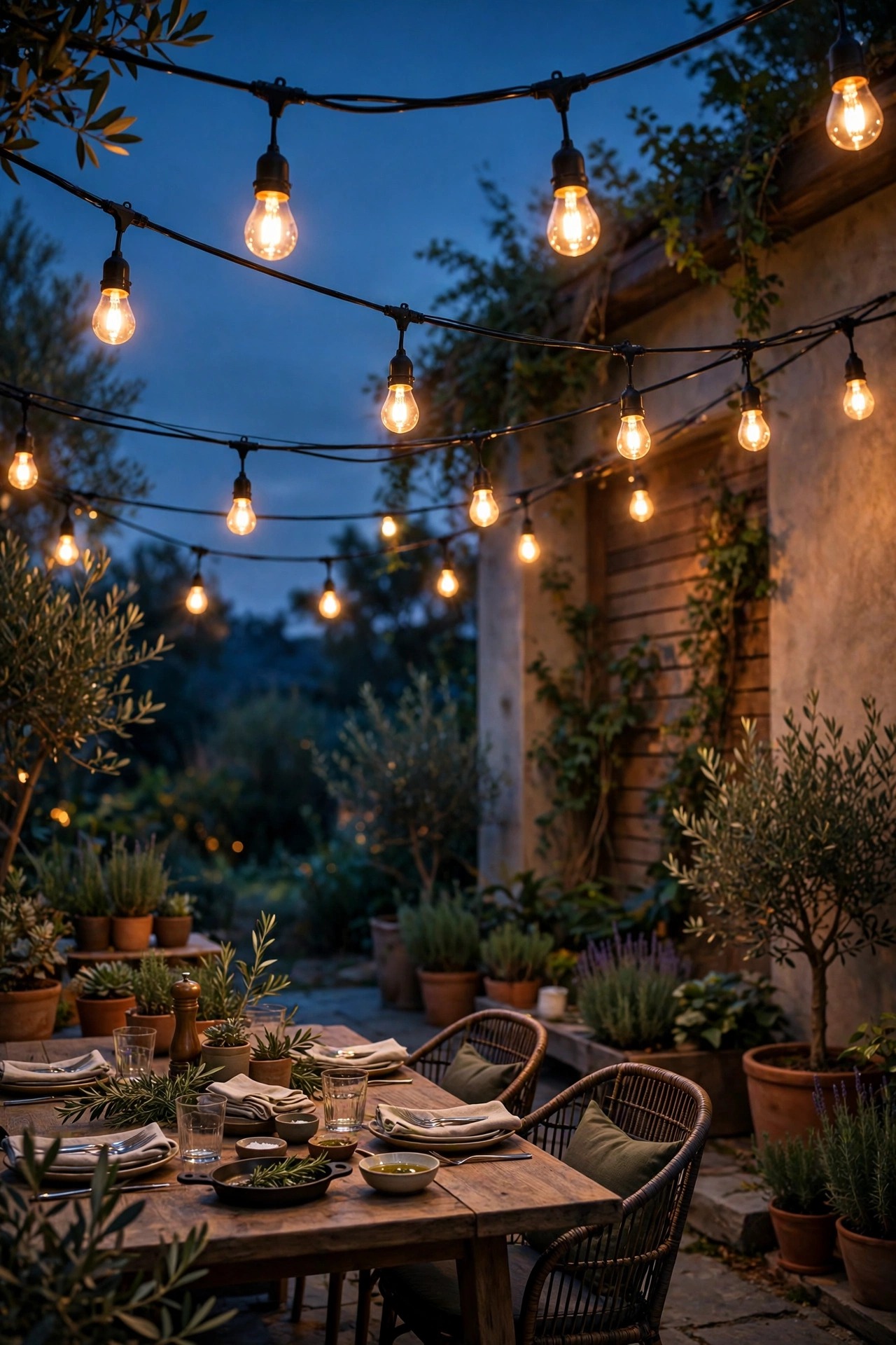 Heavy-duty commercial-grade string lights with thick black cable and suspended sockets glowing warmly over a patio dining area at dusk
