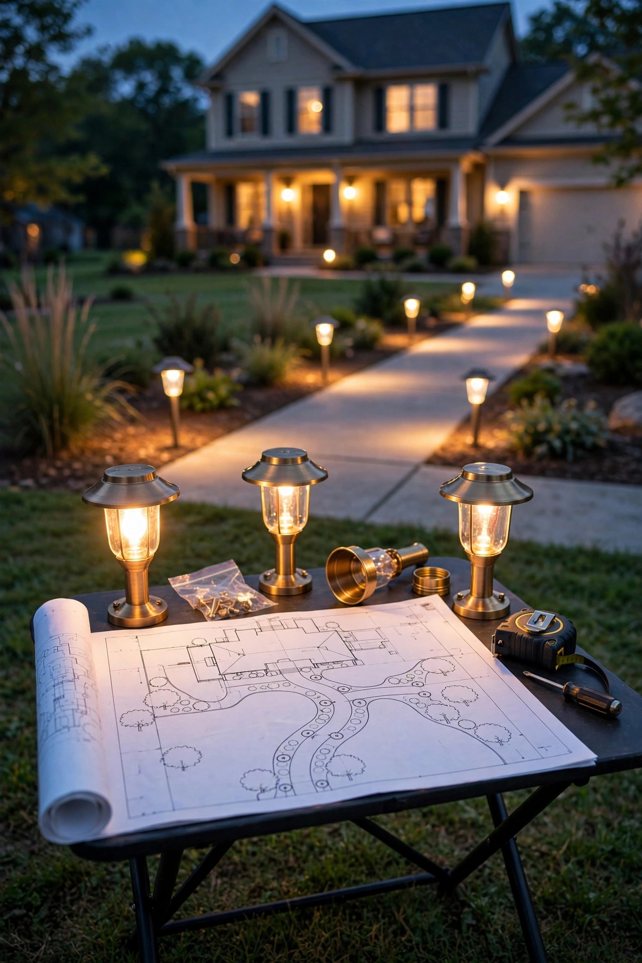 Contractor and homeowner reviewing a landscape lighting plan together in a front yard at dusk with sample path lights glowing