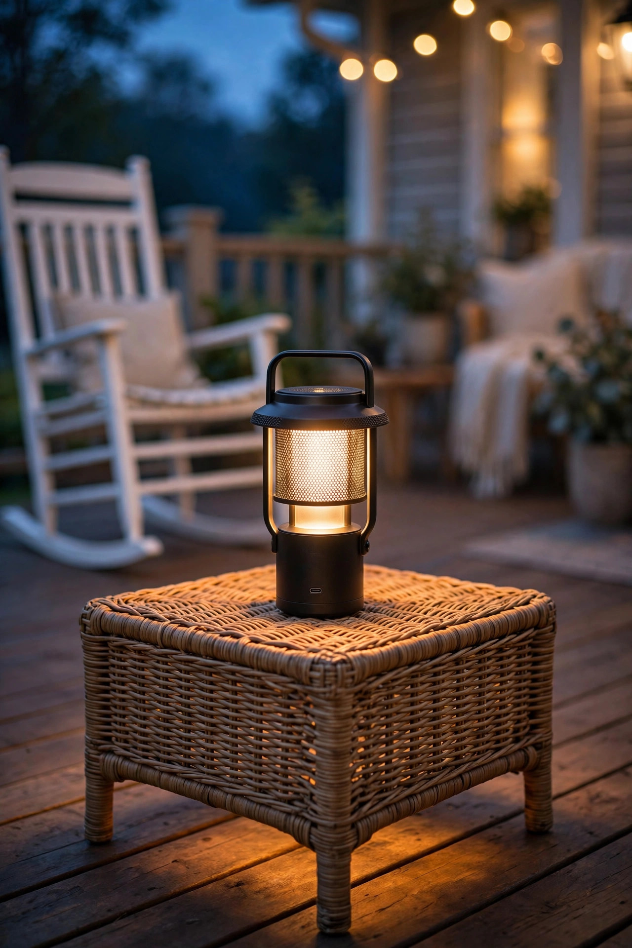 Cordless rechargeable outdoor table lamp glowing warmly on a patio side table at dusk