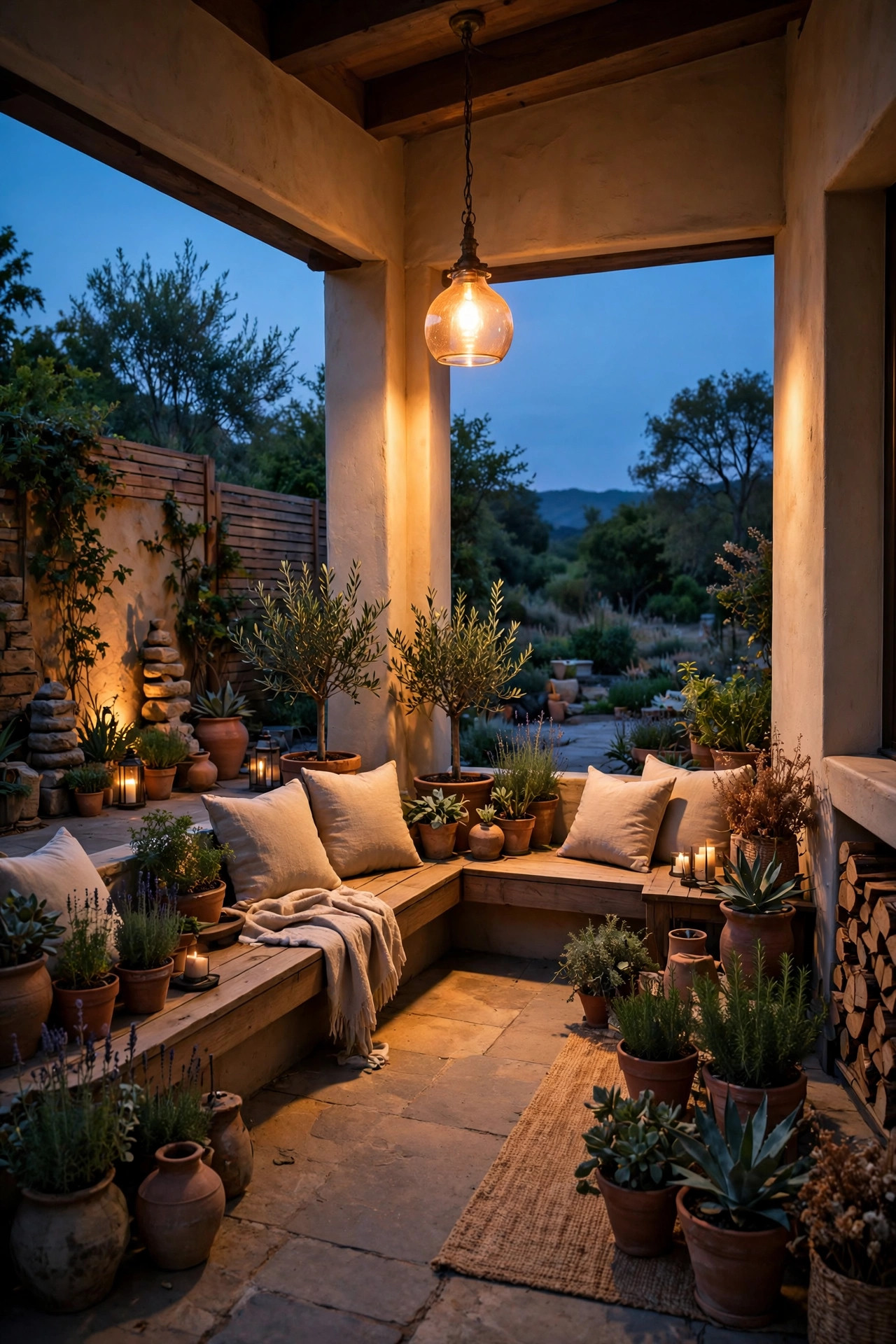 Warm pendant light glowing at the inside corner of an L-shaped patio at dusk, light spilling down both arms