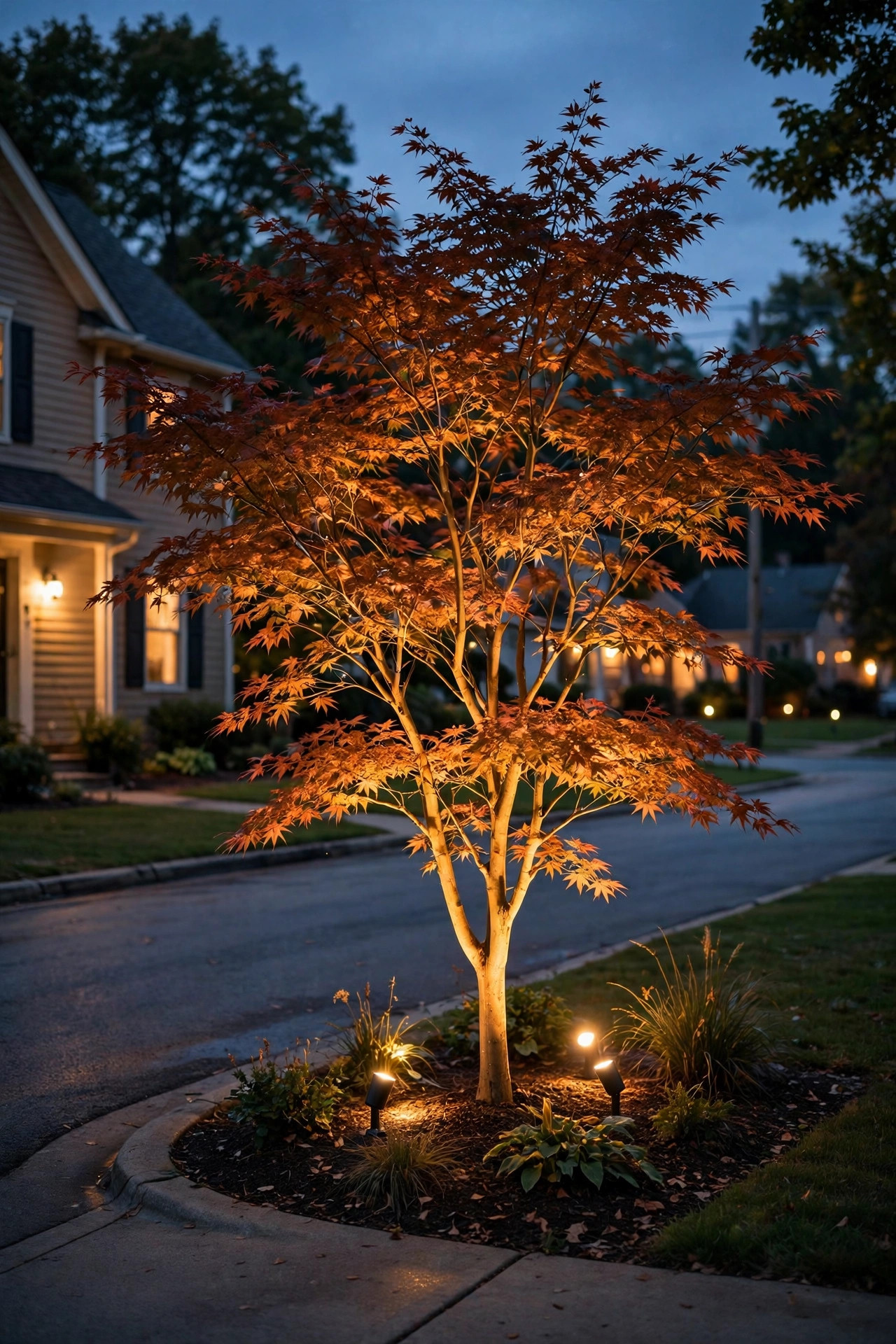 Ornamental tree at a street corner uplighted with warm LED spotlights at dusk
