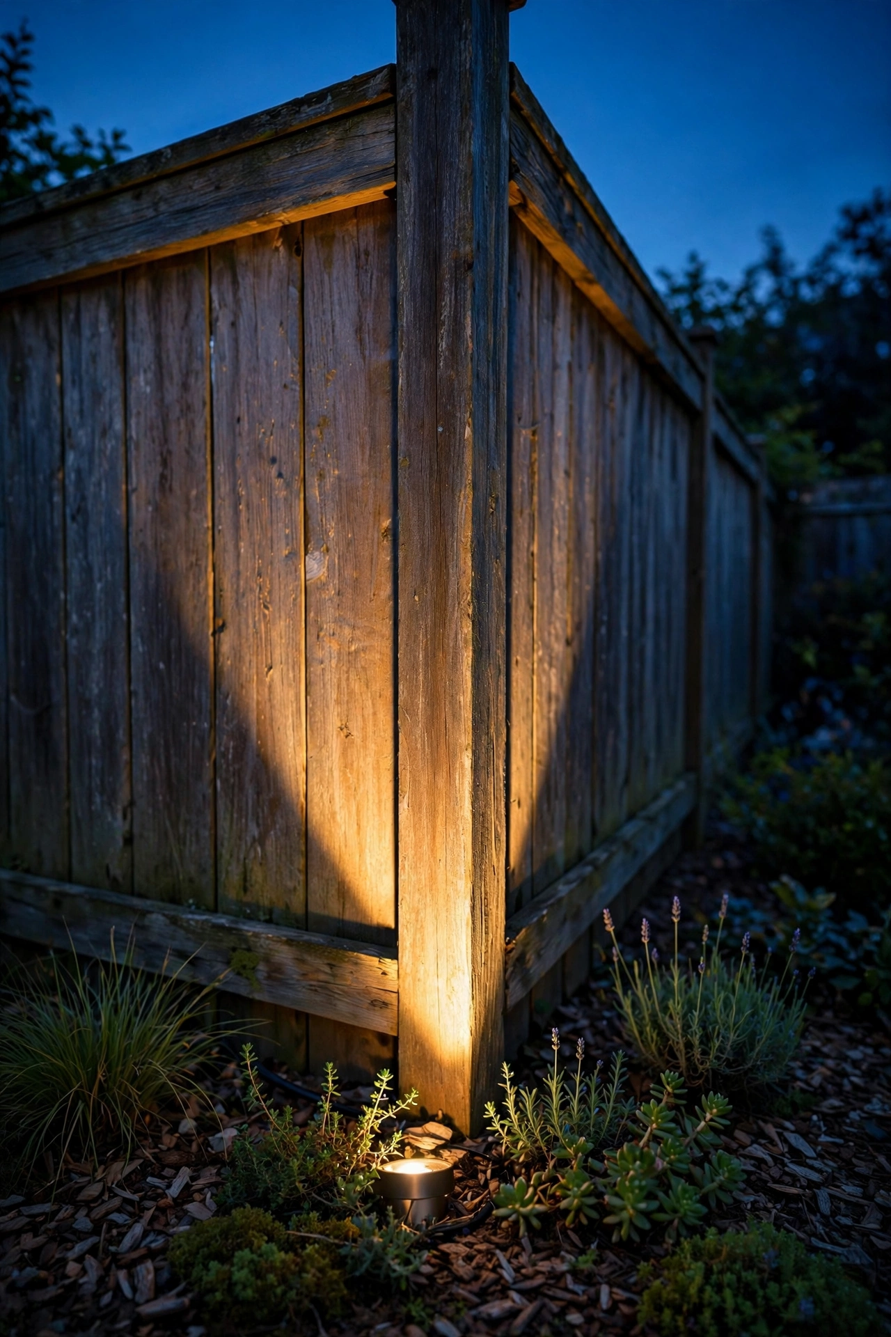 Corner of a small backyard fence washed with warm uplight at dusk, making the yard look deeper