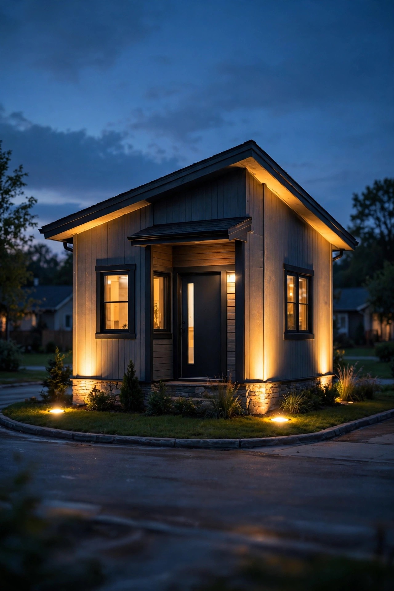 Ground well lights uplighting both front corners of a small house at dusk, stretching its apparent width from the street